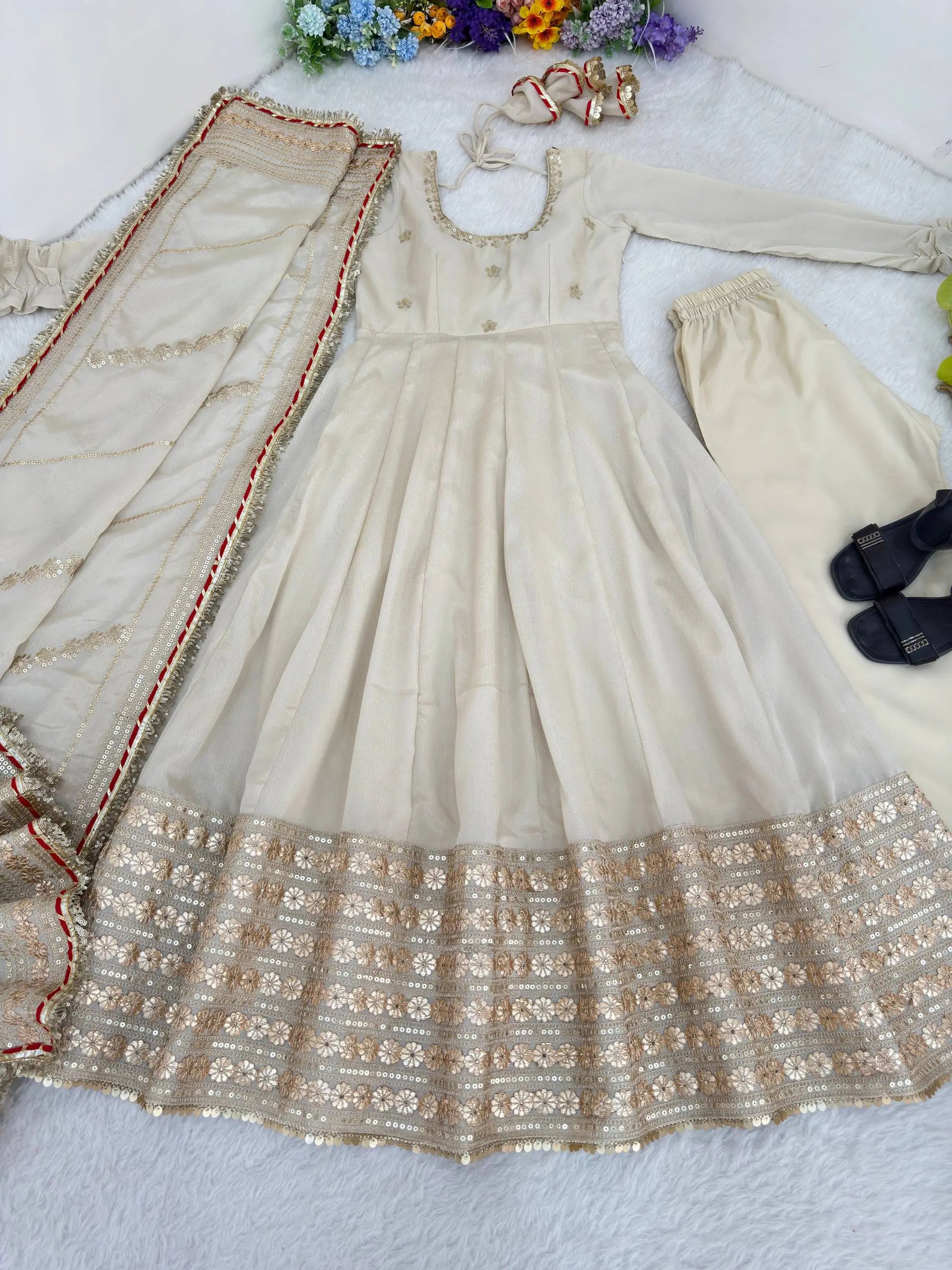 Sequin Border Designer Flared Anarkali Suit in silk fabric