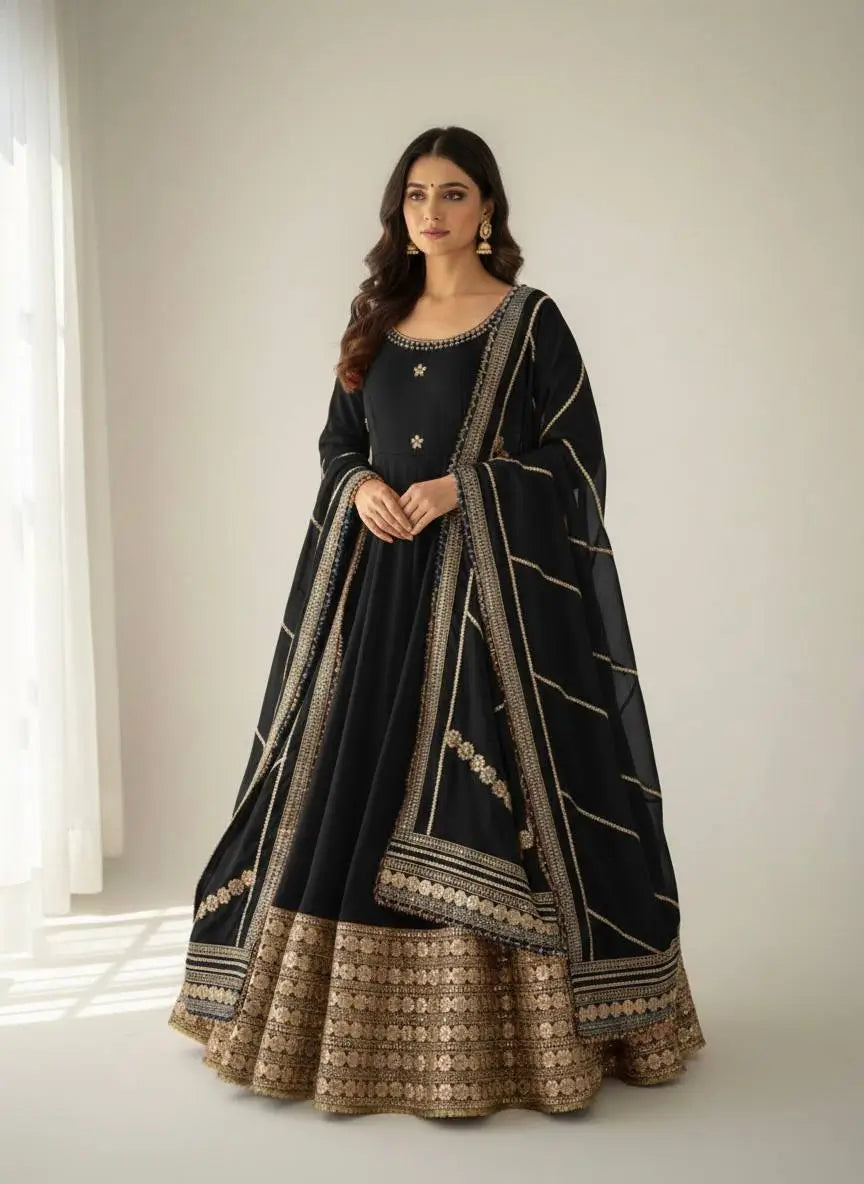 Sequin Border Designer Flared Anarkali Suit in silk fabric