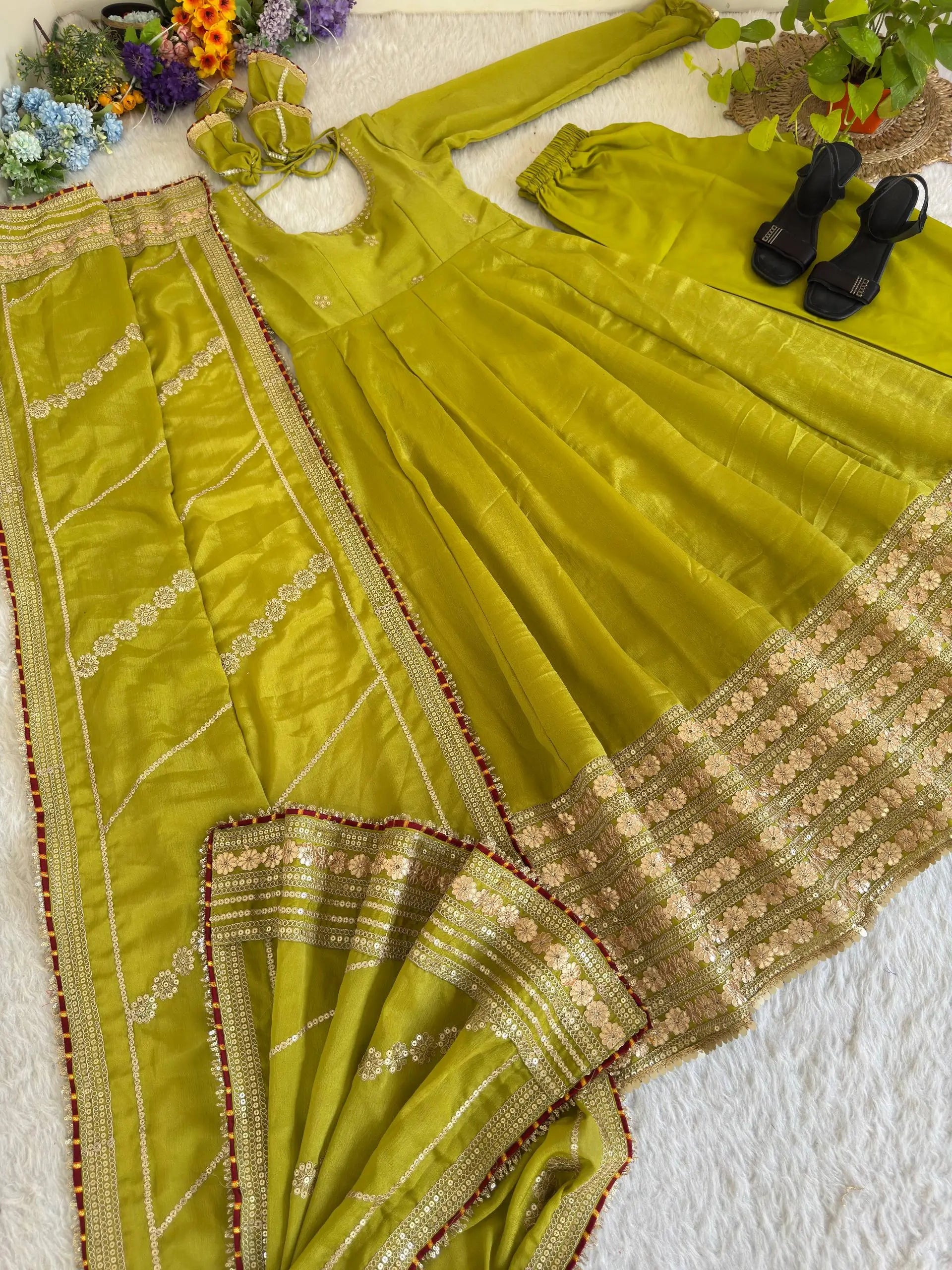 Sequin Border Designer Flared Anarkali Suit in silk fabric