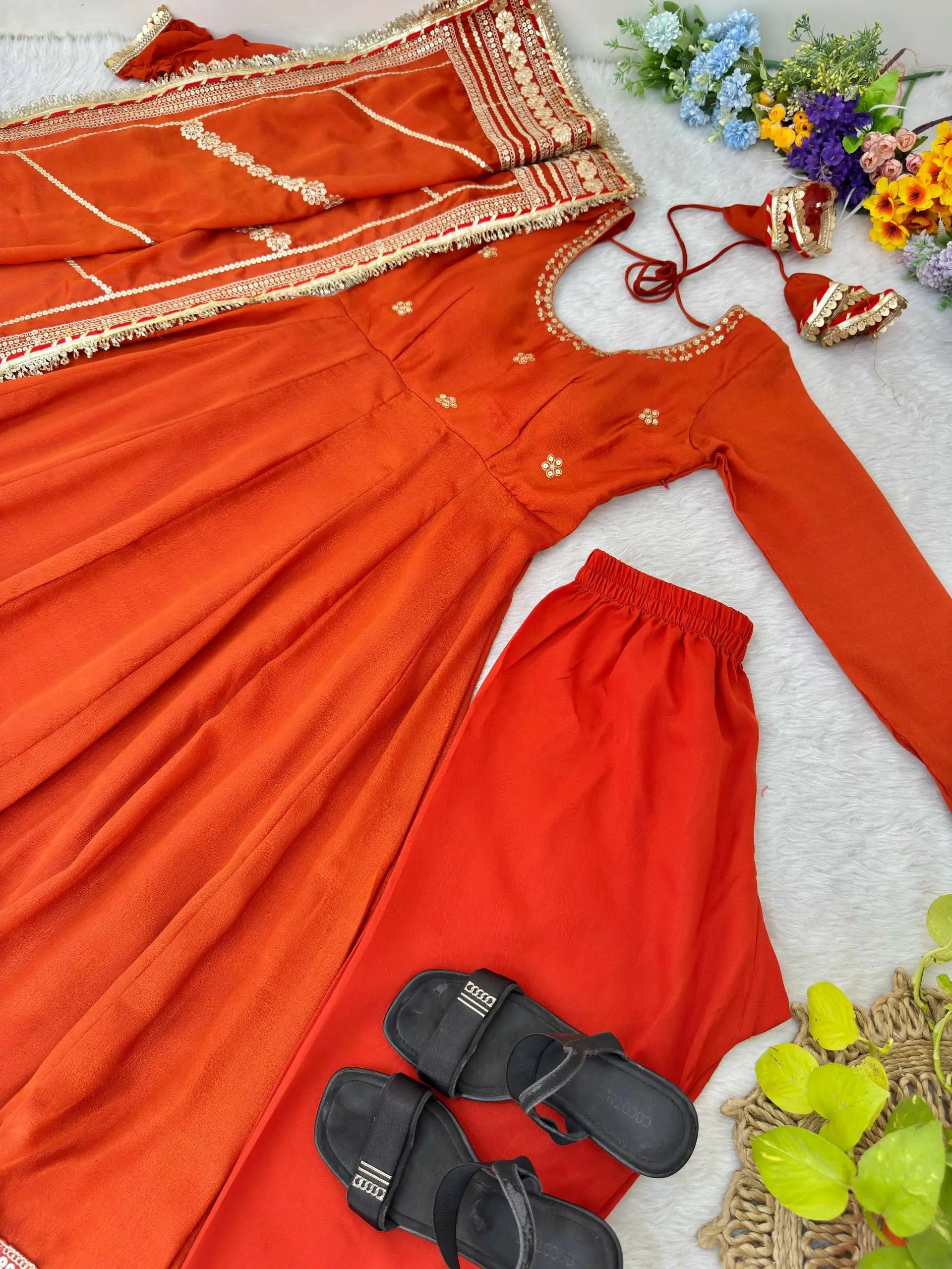 Sequin Border Designer Flared Anarkali Suit in silk fabric