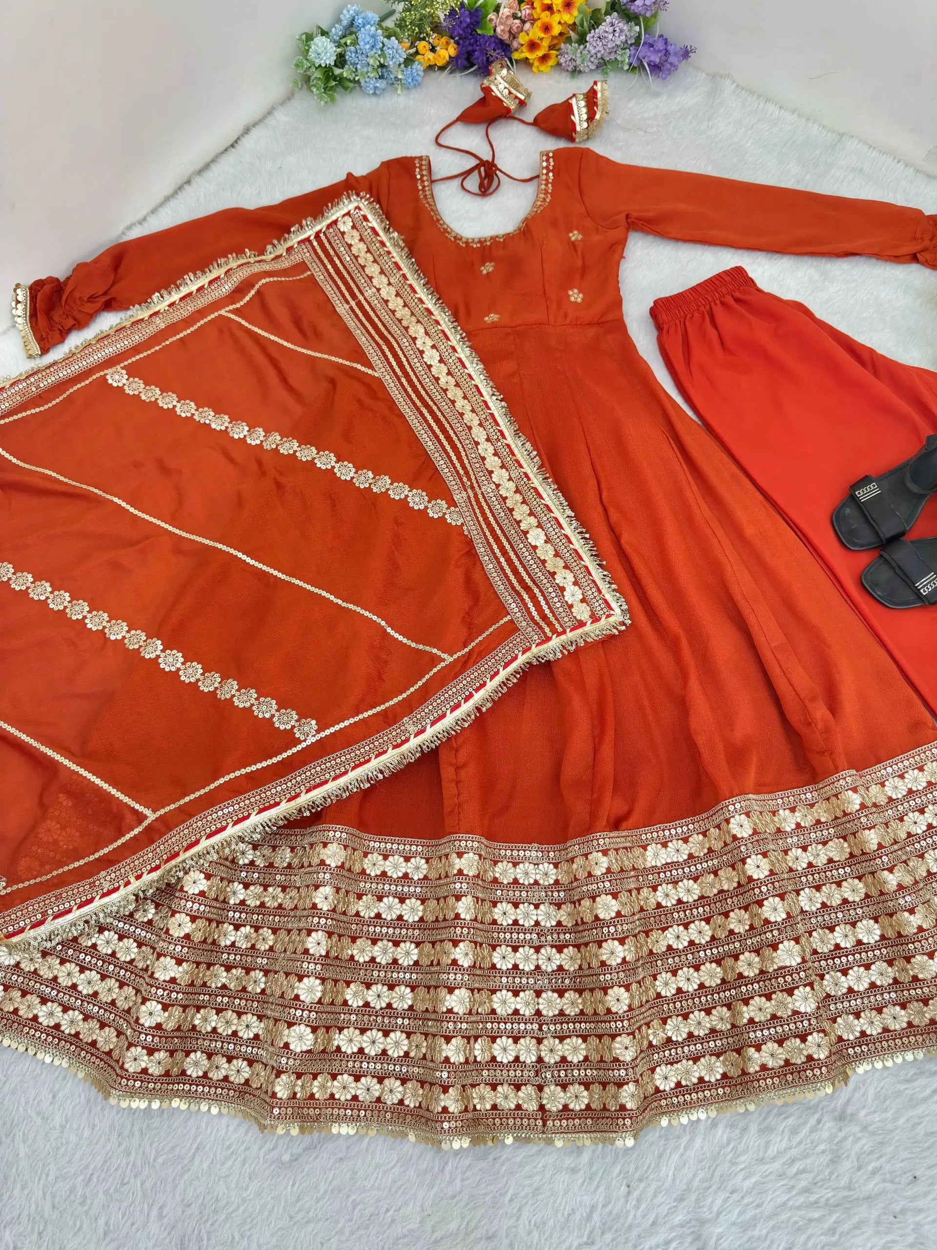 Sequin Border Designer Flared Anarkali Suit in silk fabric