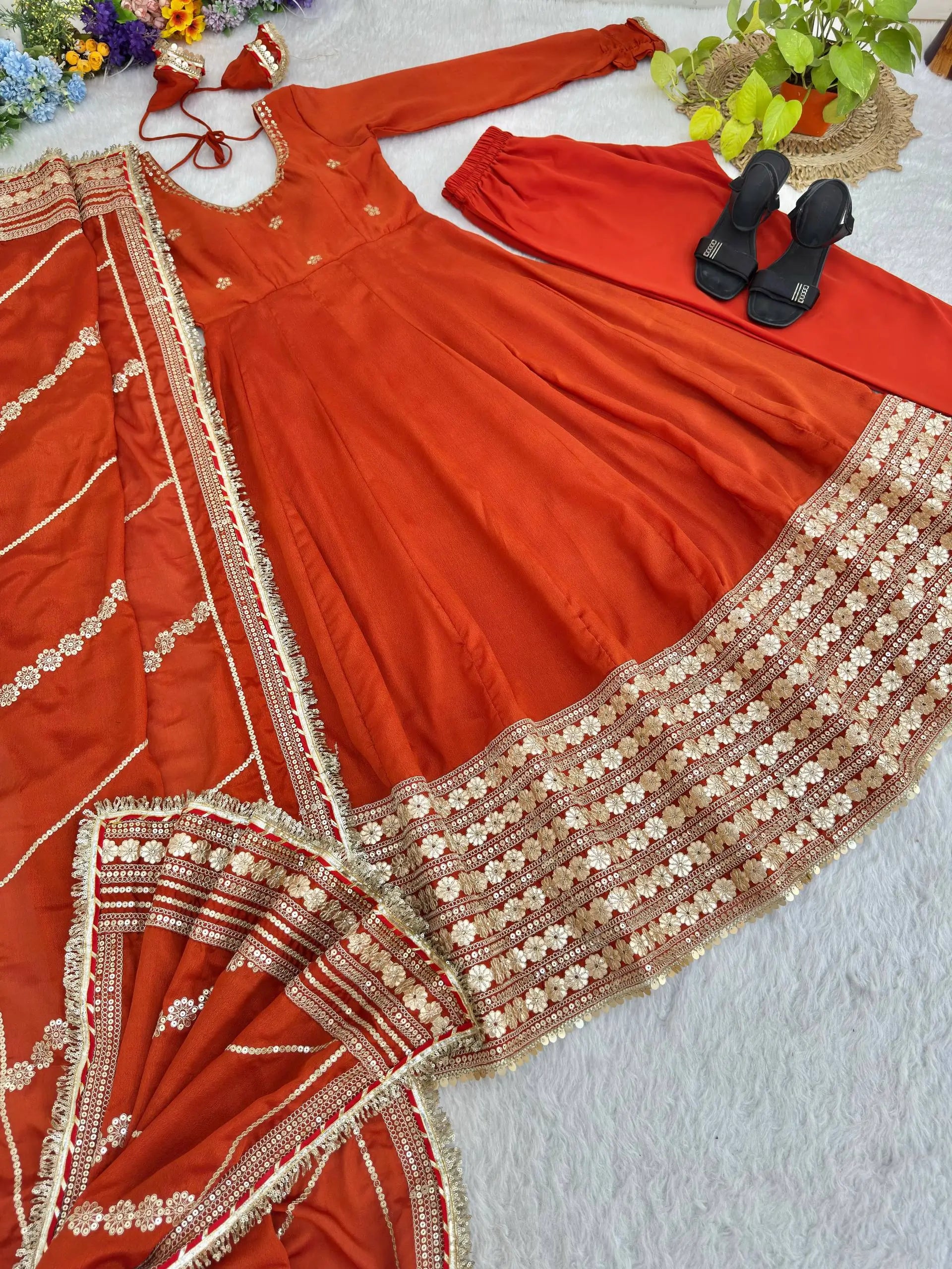 Sequin Border Designer Flared Anarkali Suit in silk fabric