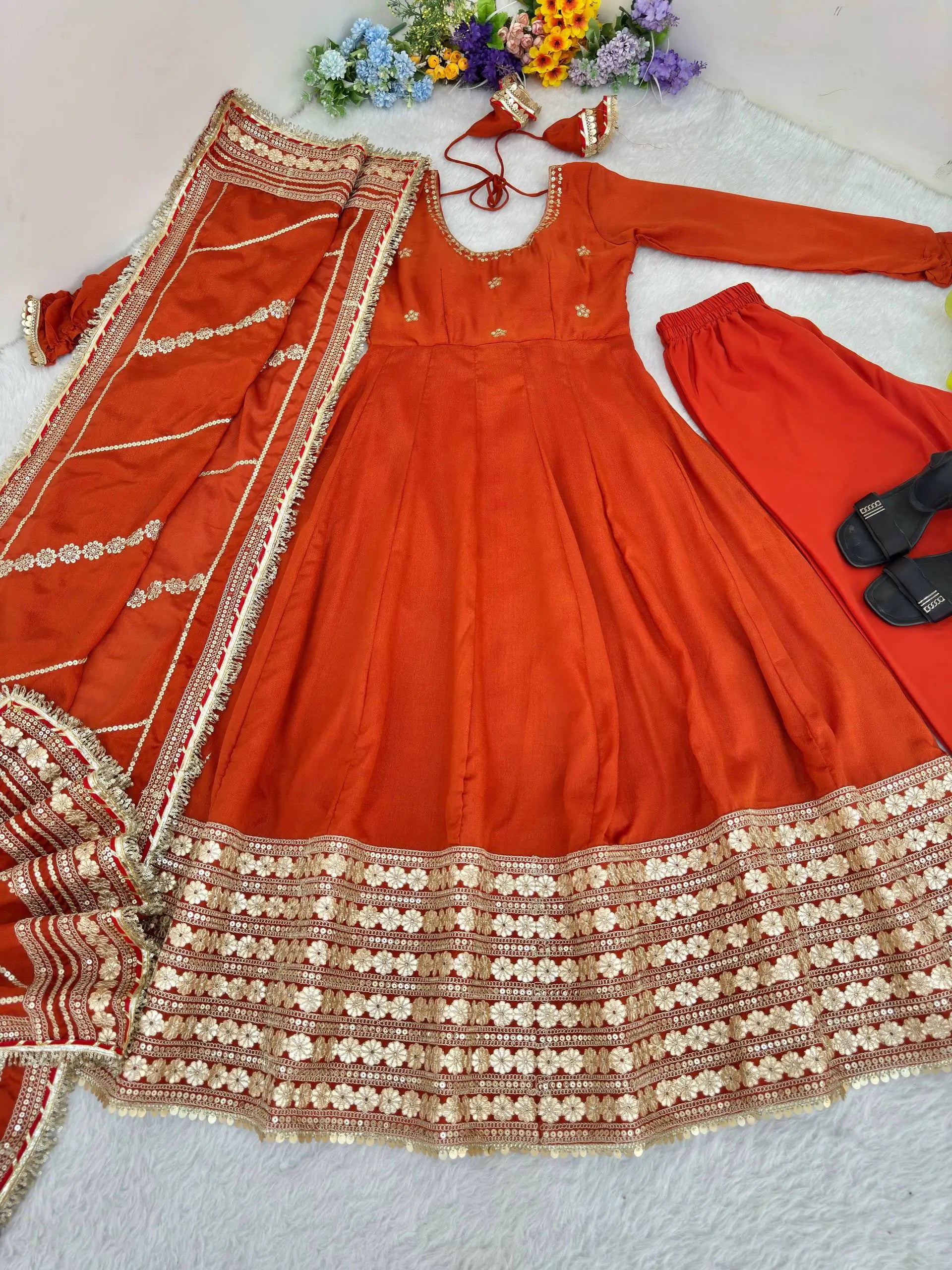 Sequin Border Designer Flared Anarkali Suit in silk fabric