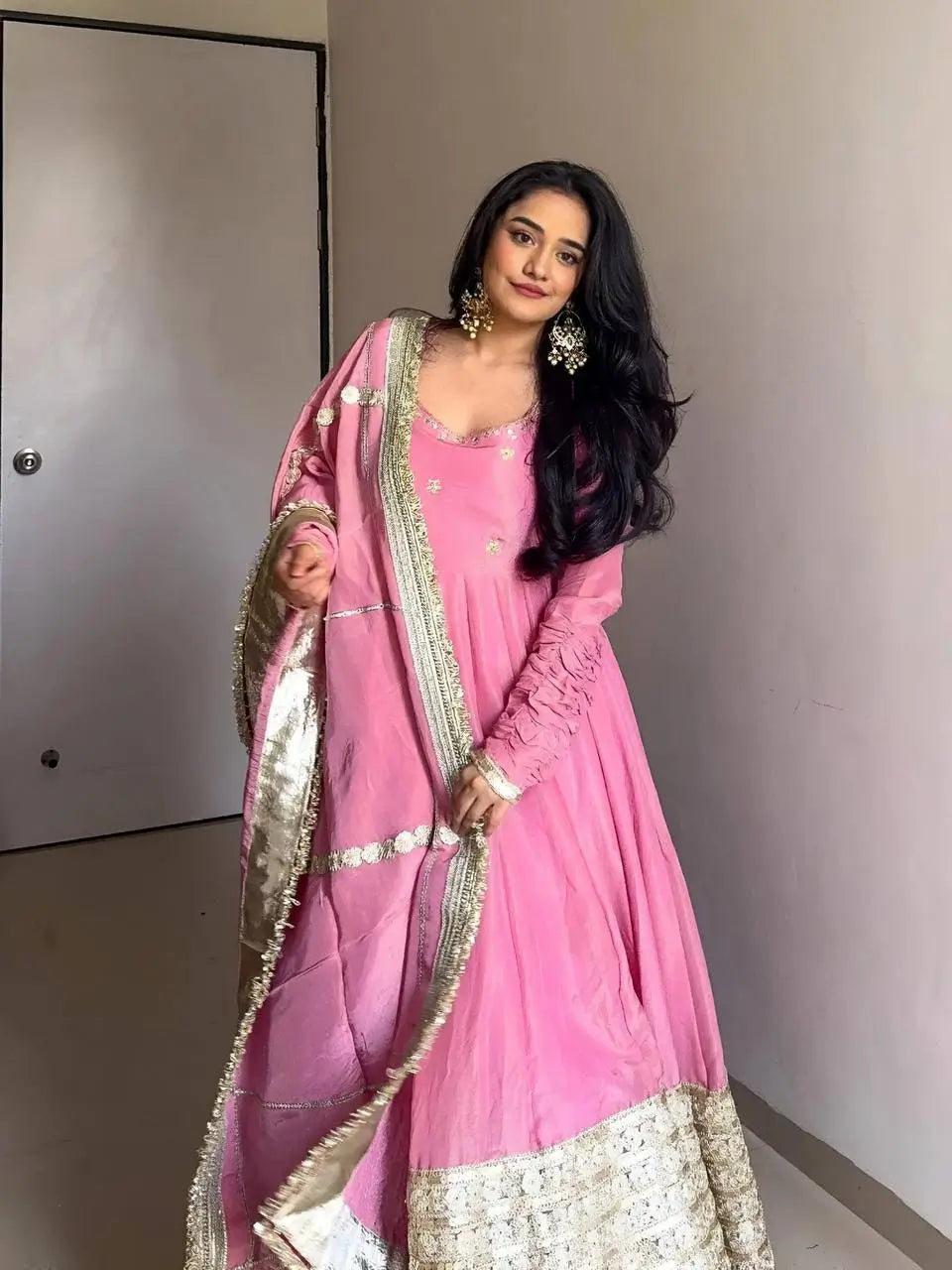 Sequin Border Designer Flared Anarkali Suit in silk fabric
