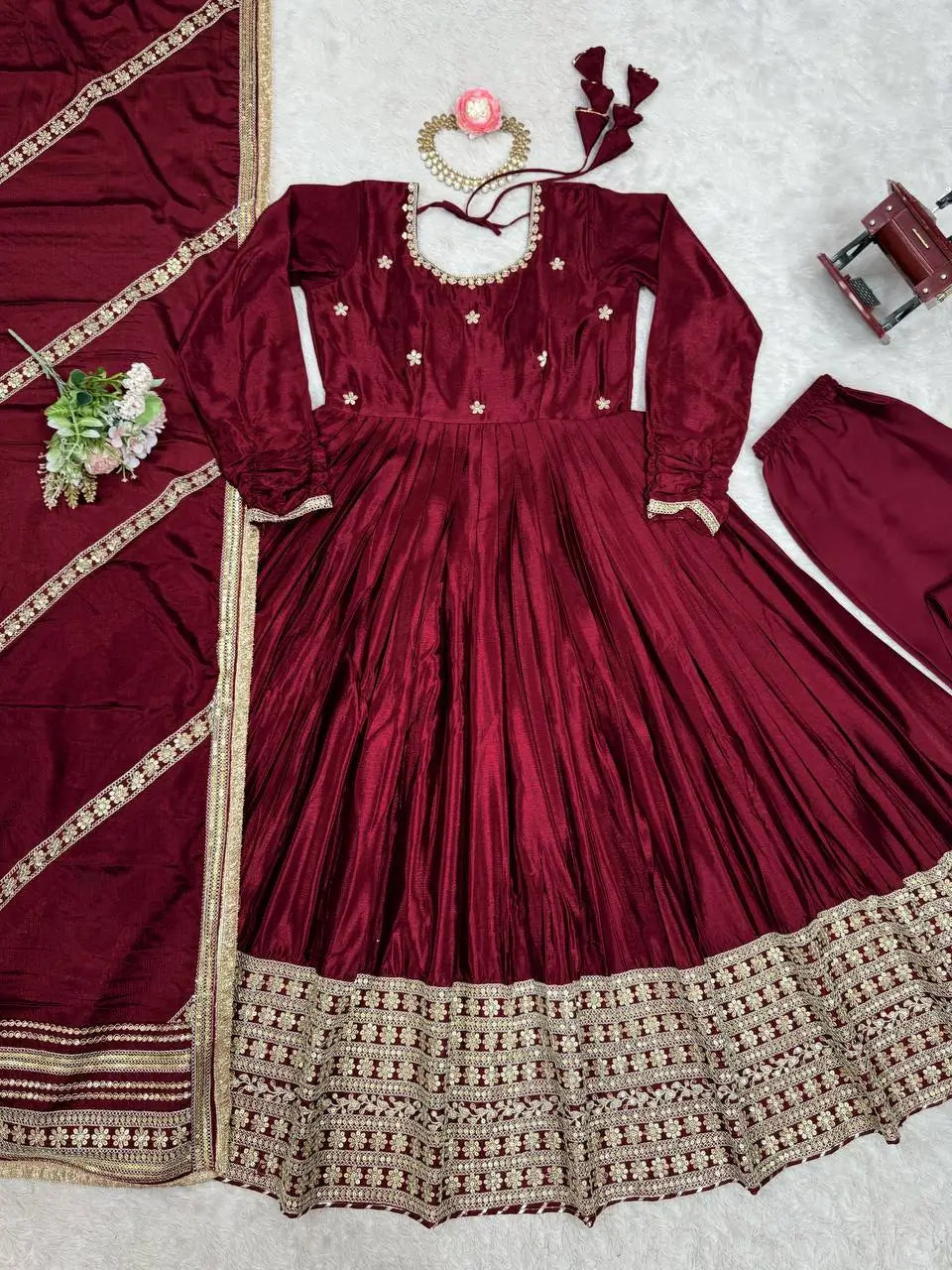Sequin Border Designer Flared Anarkali Suit in silk fabric