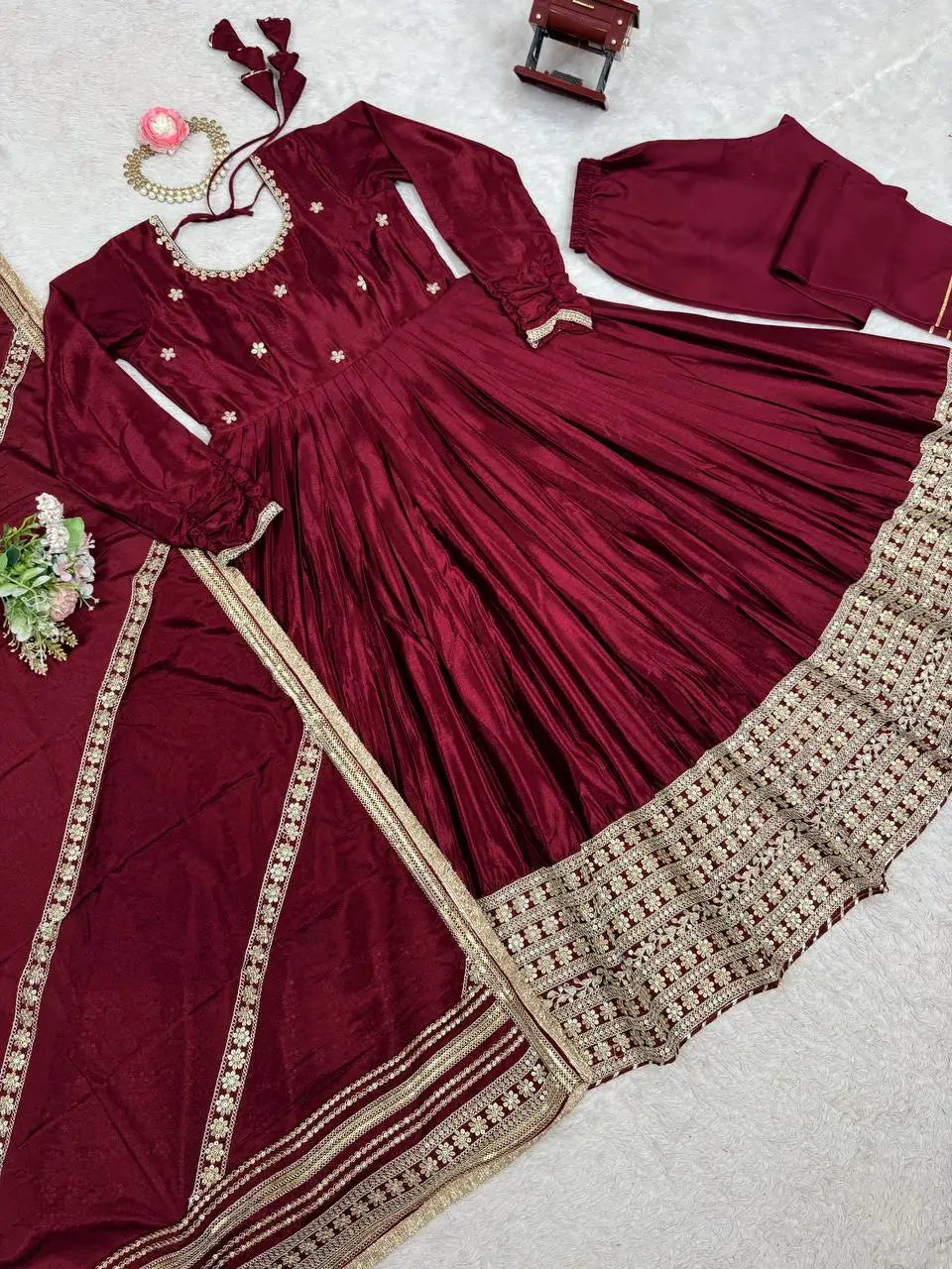 Sequin Border Designer Flared Anarkali Suit in silk fabric