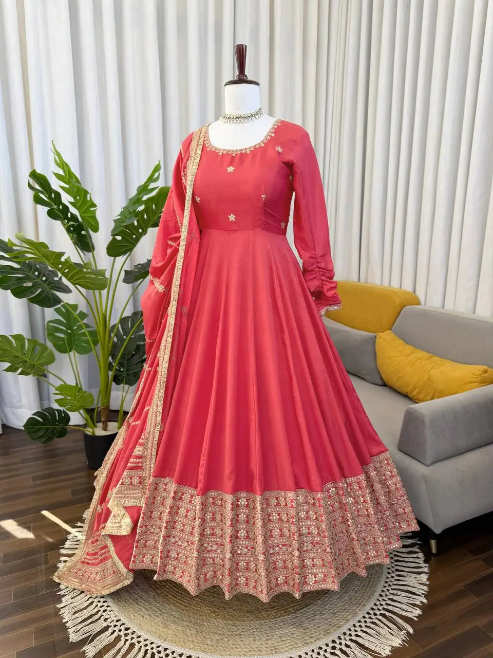 Sequin Border Designer Flared Anarkali Suit in silk fabric