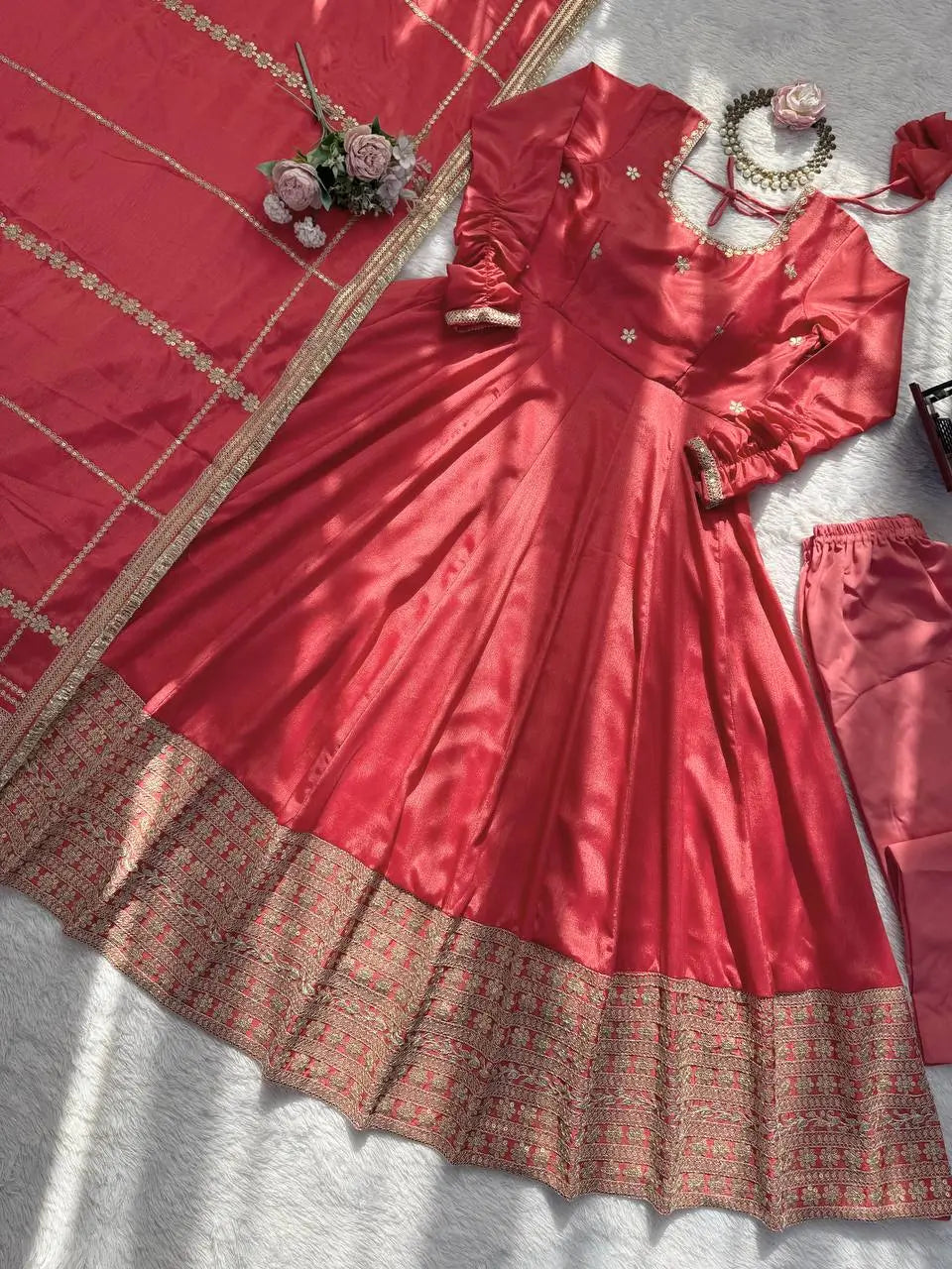 Sequin Border Designer Flared Anarkali Suit in silk fabric