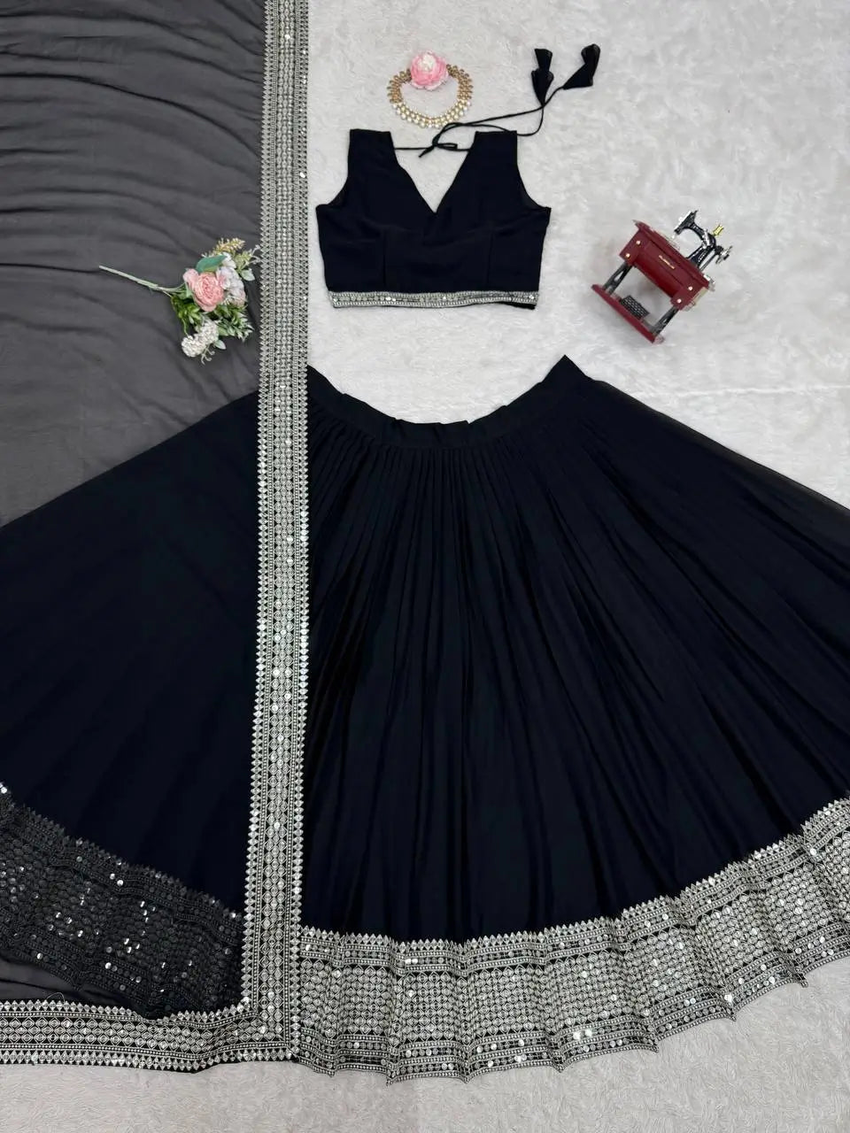 Sequin Embroidered Georgette Lehenga Choli Set with Dupatta
