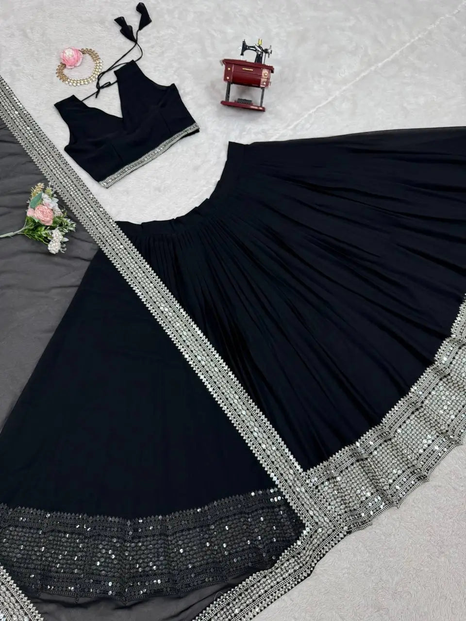 Sequin Embroidered Georgette Lehenga Choli Set with Dupatta