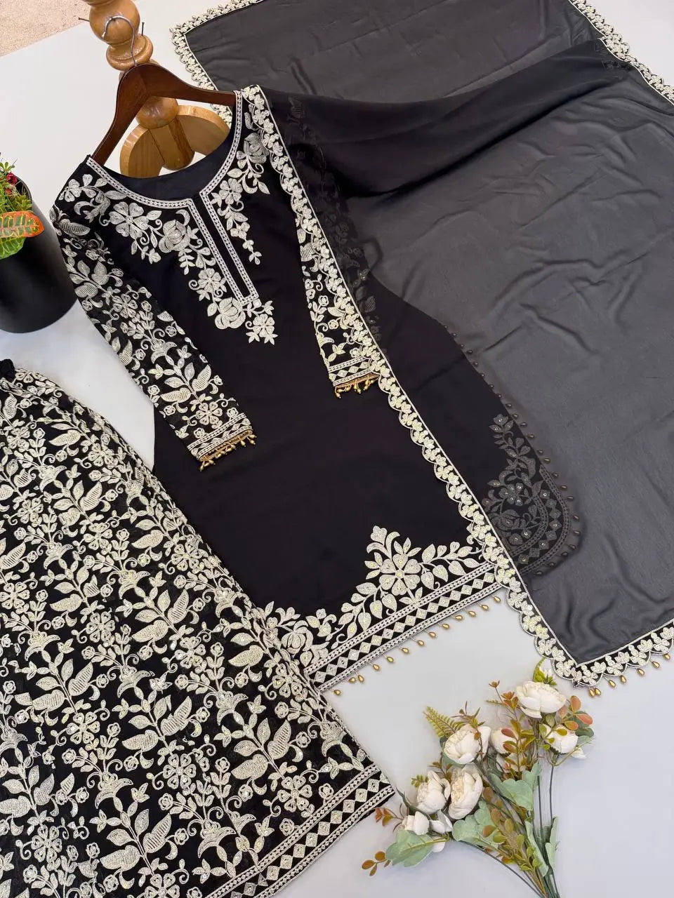 Sequin Floral Embroidered Sharara Set