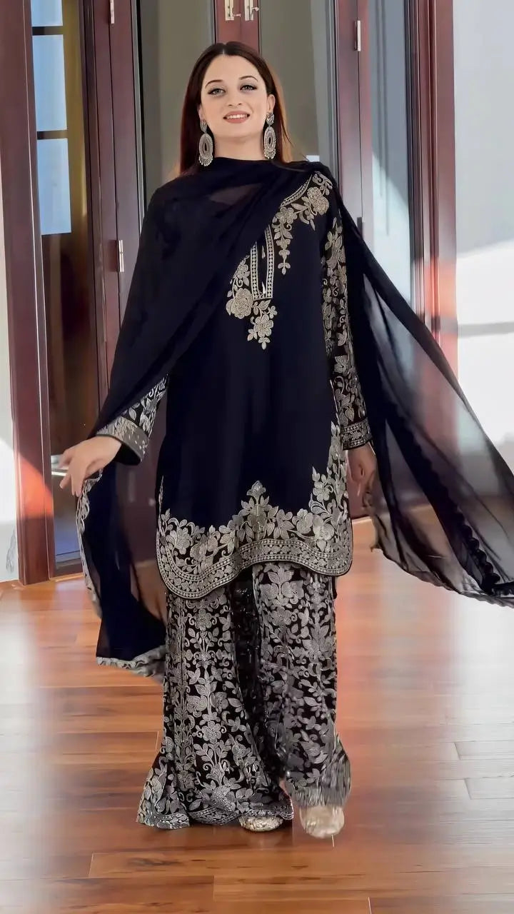 Sequin Floral Embroidered Sharara Set