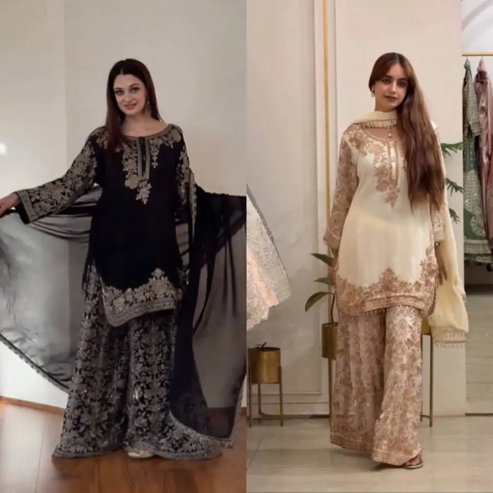 Sequin Floral Embroidered Sharara Set