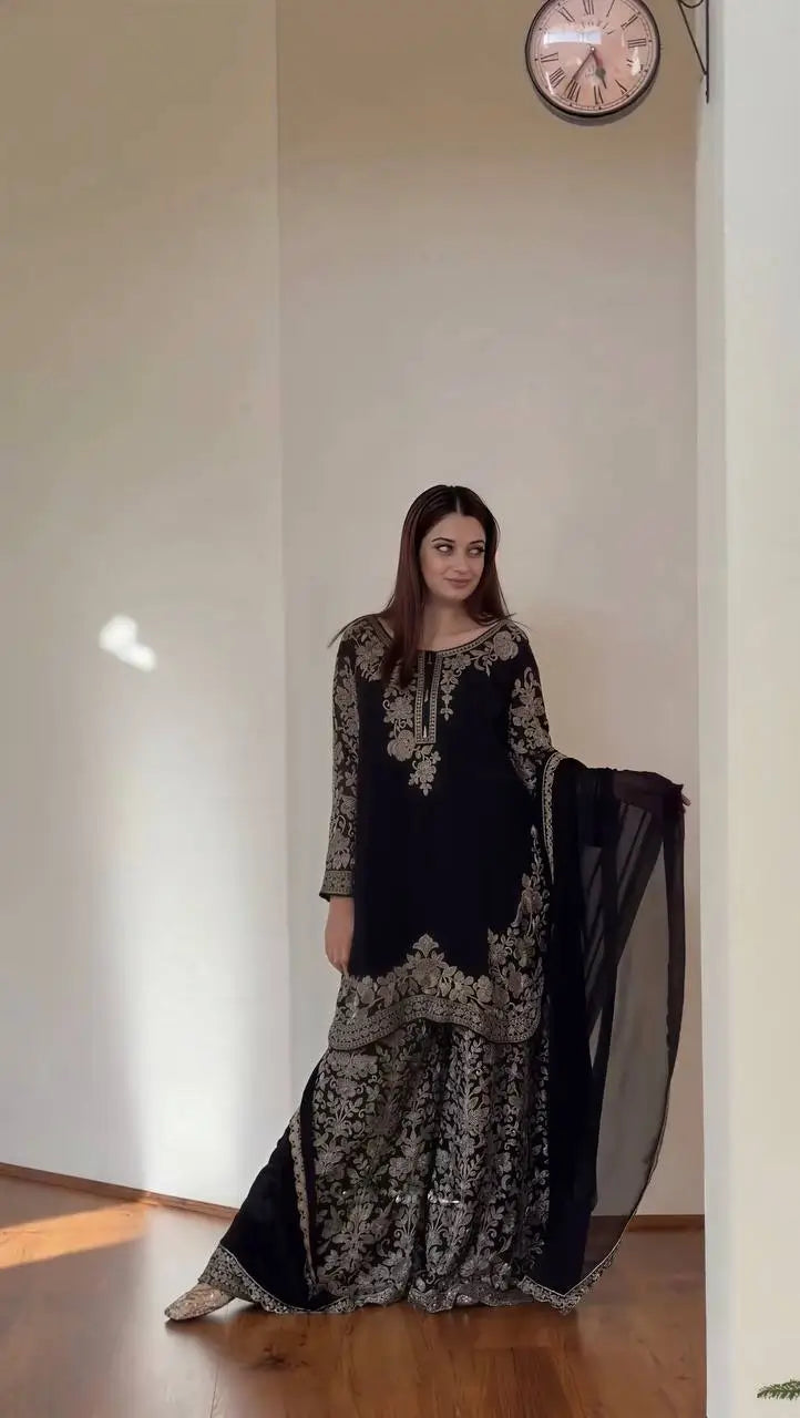 Sequin Floral Embroidered Sharara Set