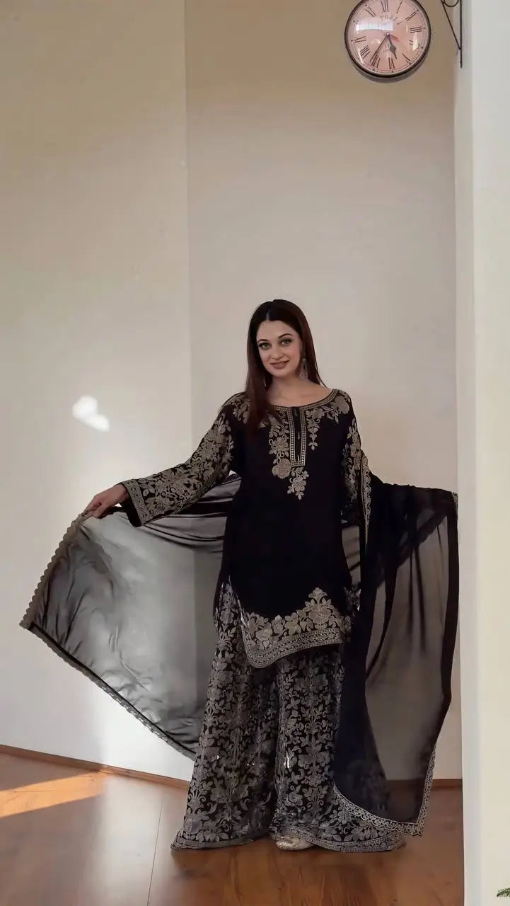 Sequin Floral Embroidered Sharara Set