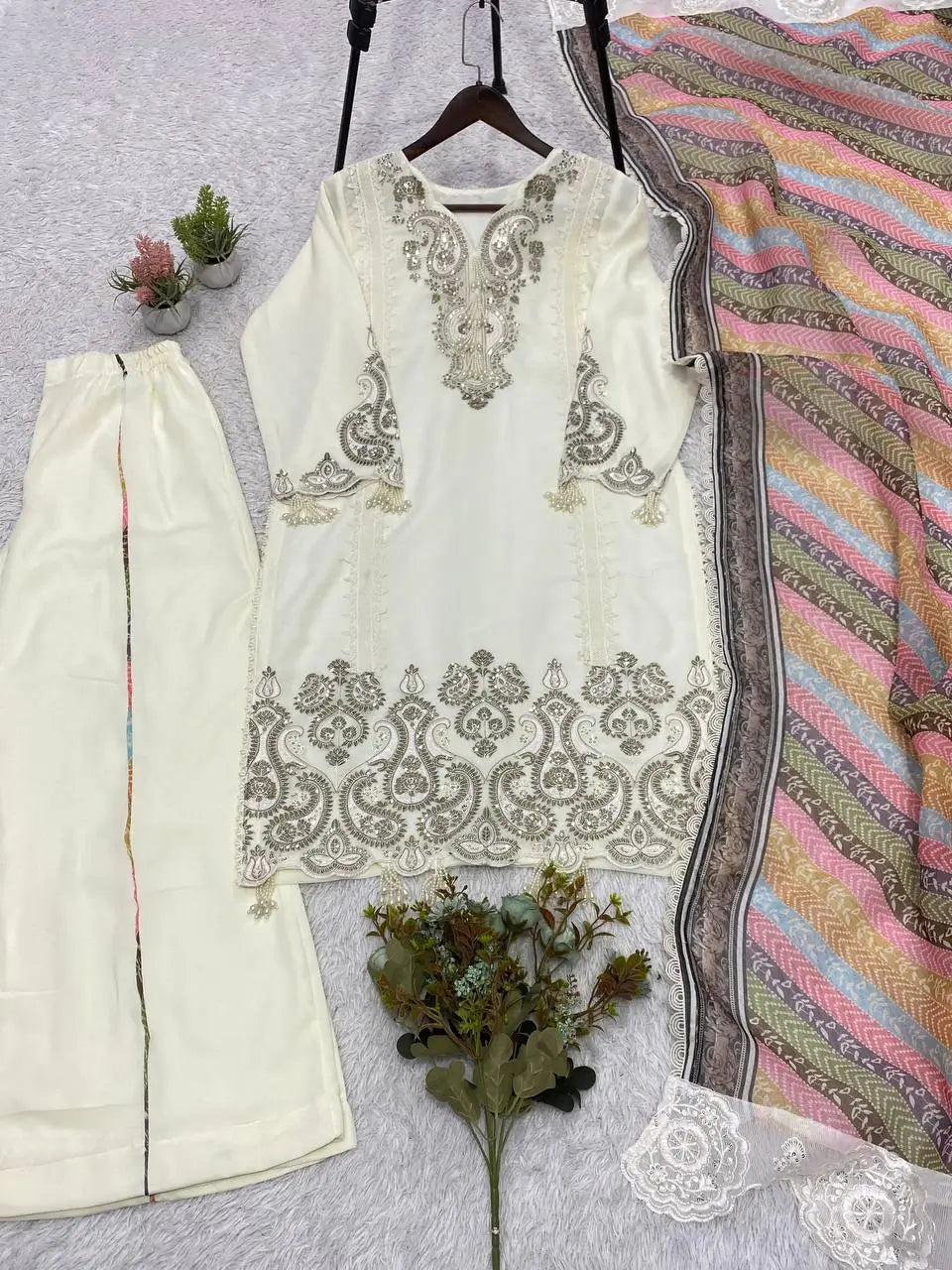 Sequin Paisley Scalloped Kurti Set