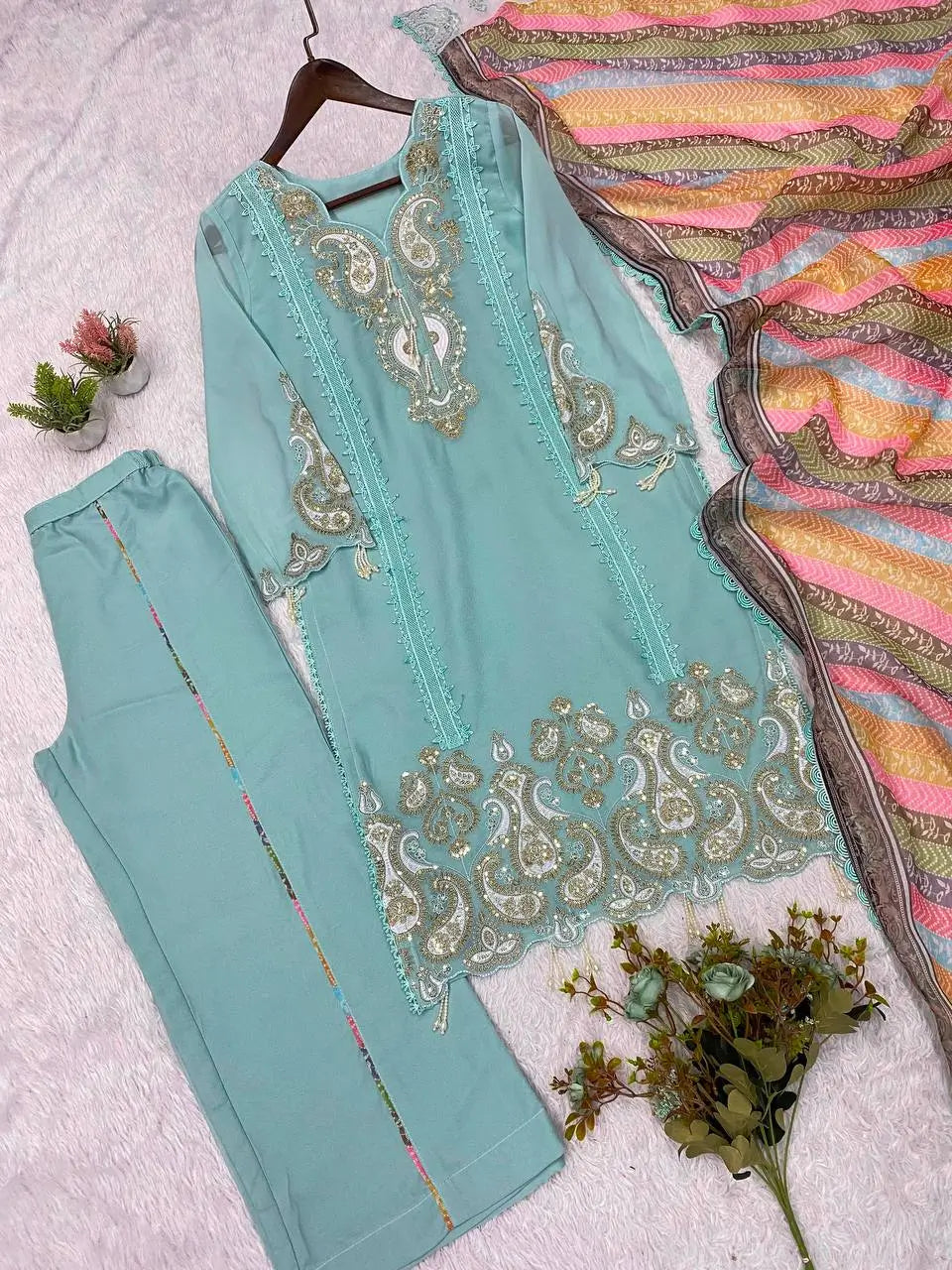 Sequin Paisley Scalloped Kurti Set
