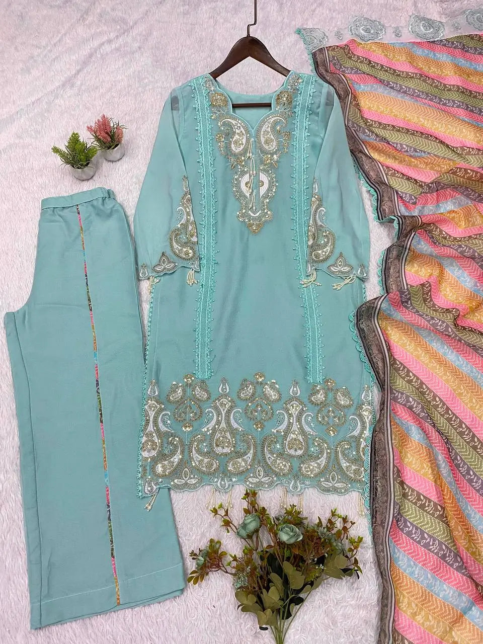Sequin Paisley Scalloped Kurti Set