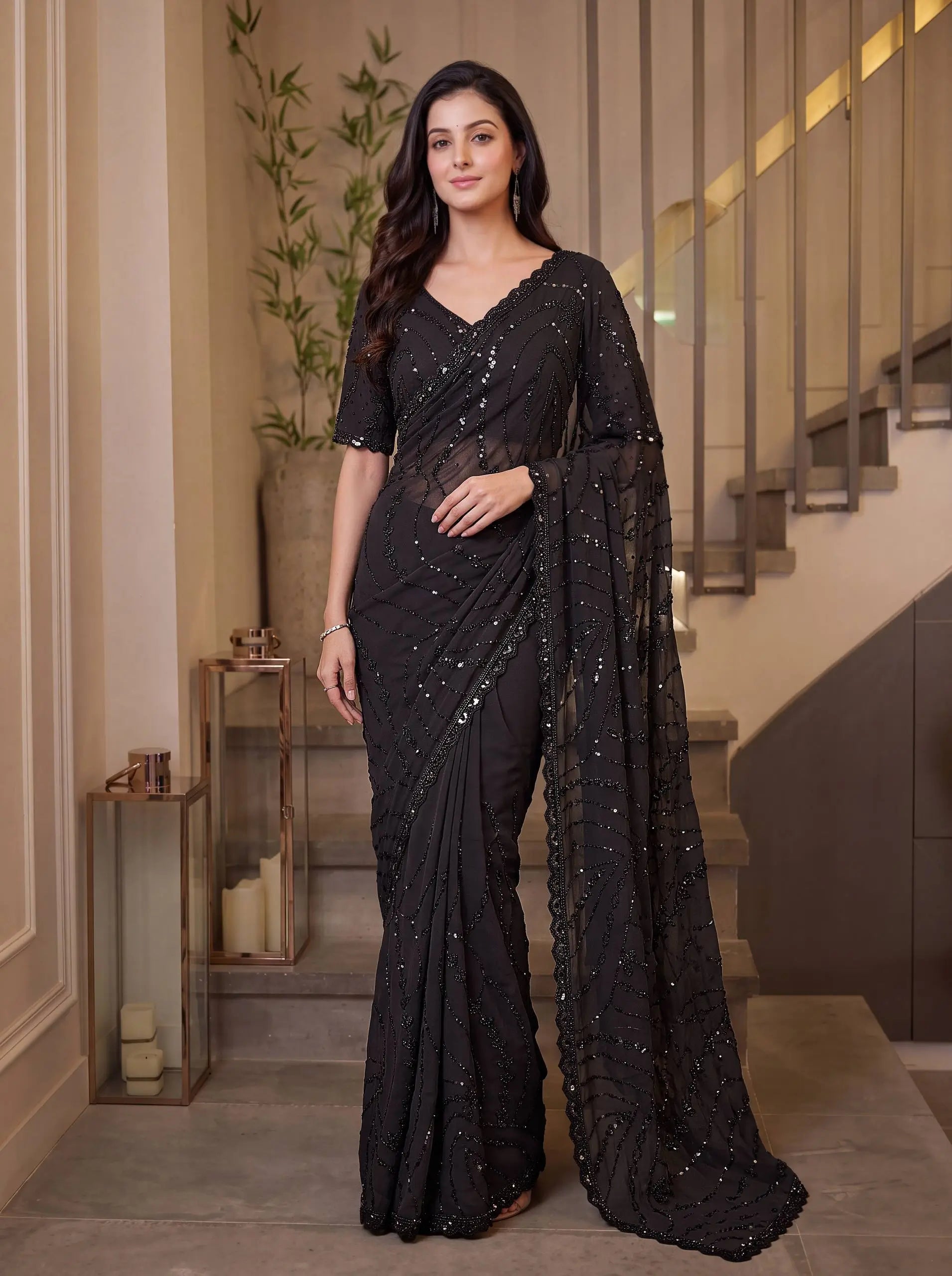 Sequin Pearl Embroidered Saree