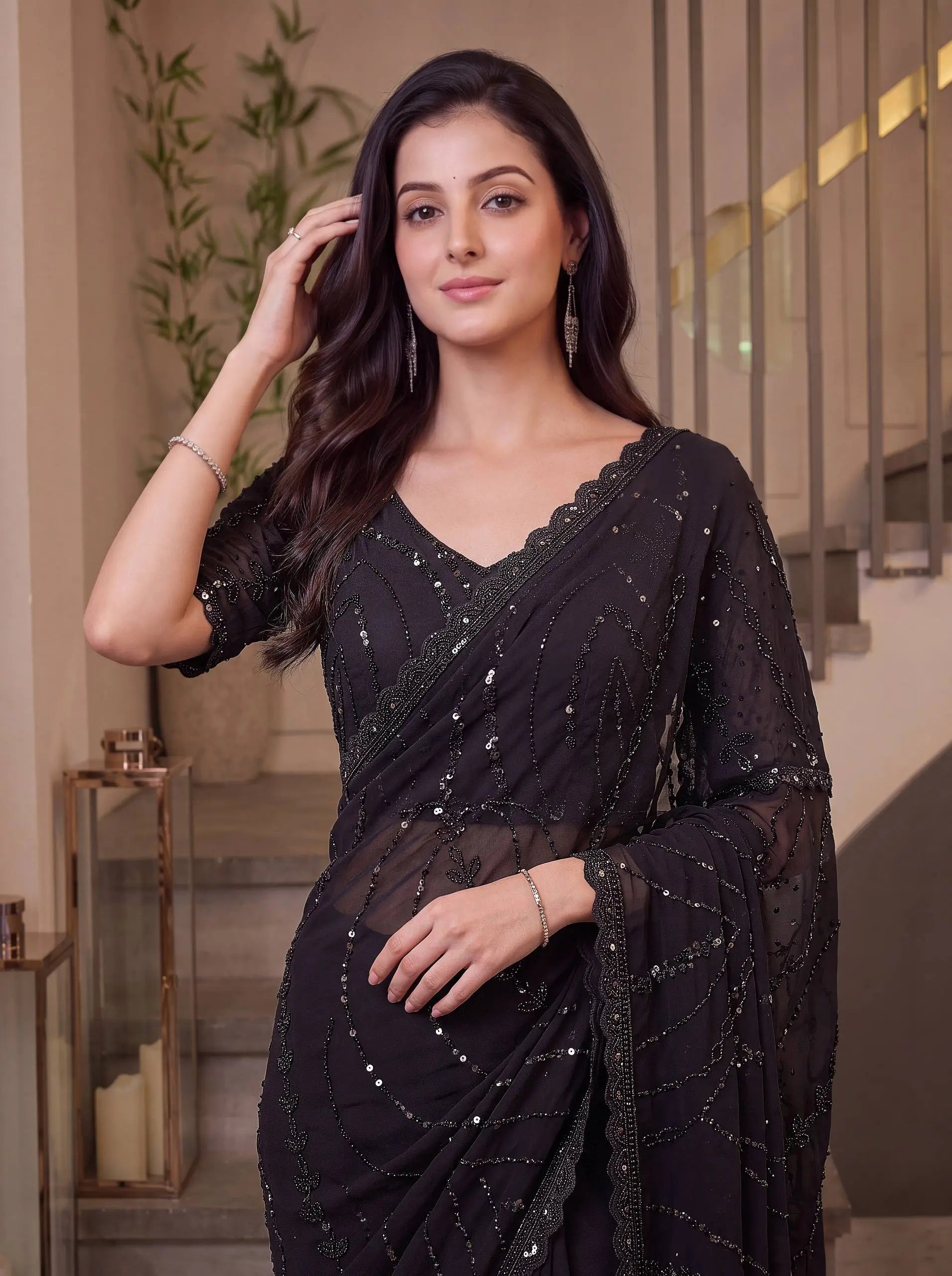 Sequin Pearl Embroidered Saree