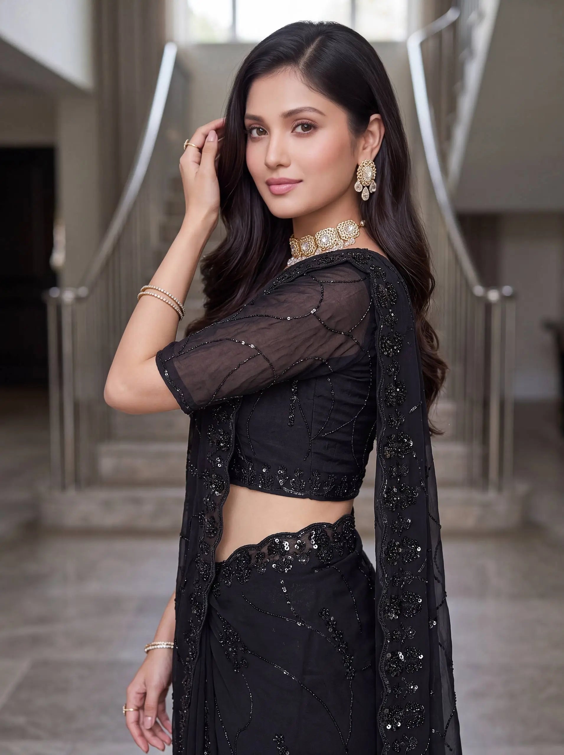Sequin Pearl Handwork Embroidered Saree