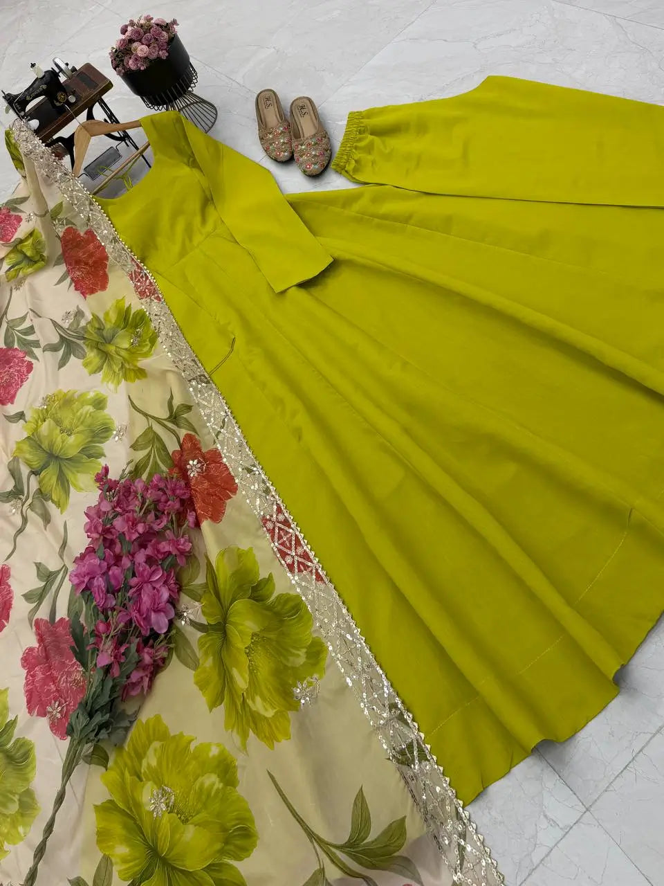 Sequin Print Chanderi Anarkali Gown