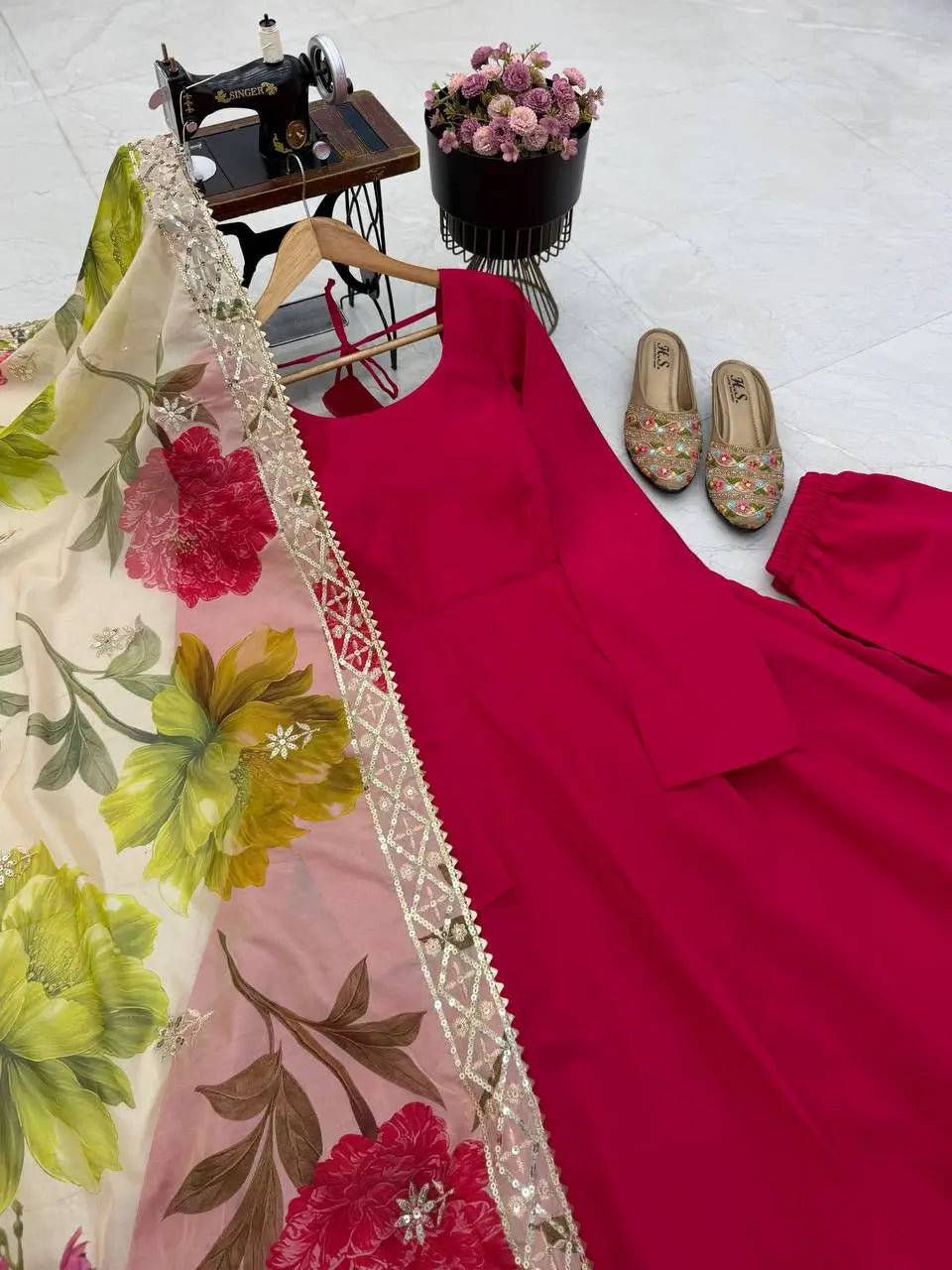 Sequin Print Chanderi Anarkali Gown