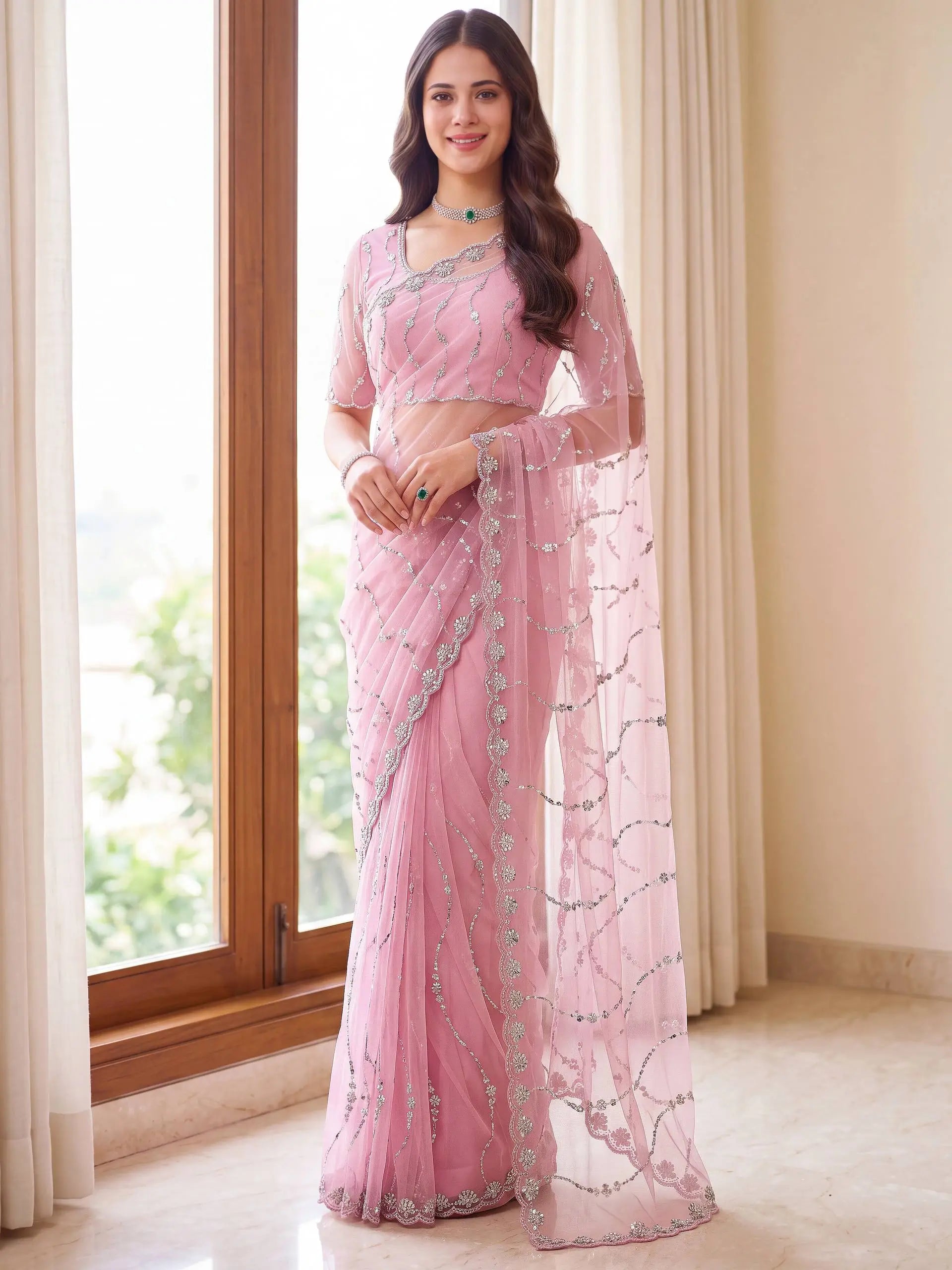 Sequin Vine Embroidered Net Saree