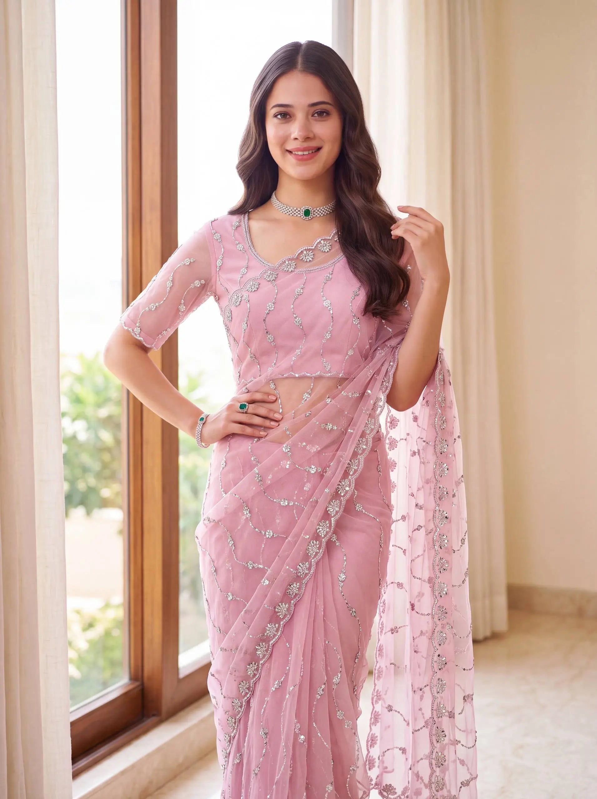 Sequin Vine Embroidered Net Saree