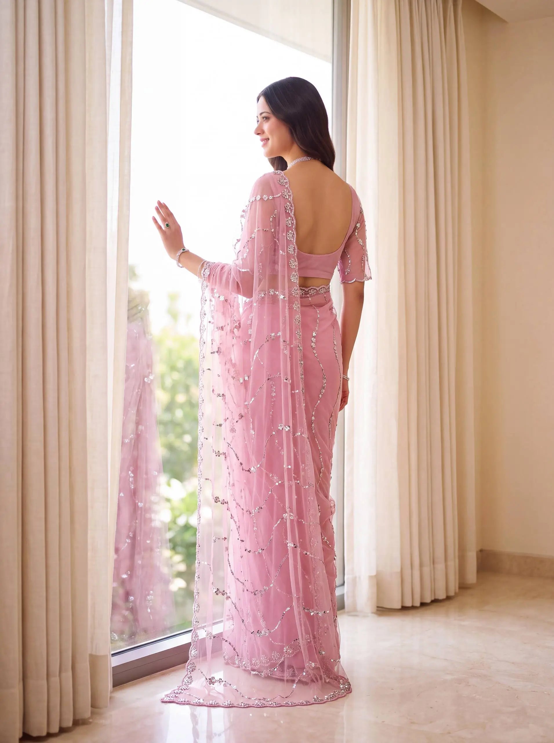 Sequin Vine Embroidered Net Saree