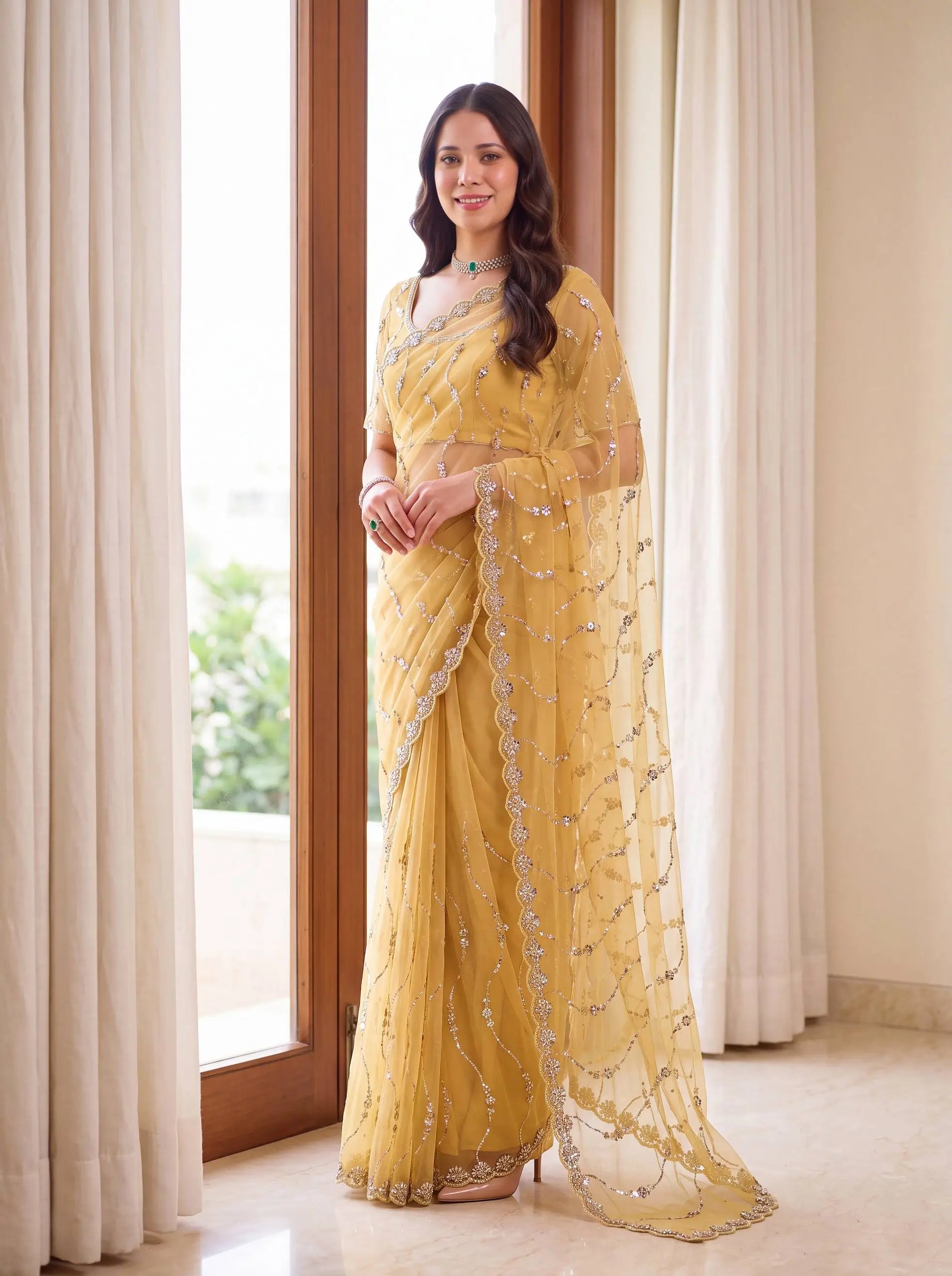 Sequin Vine Embroidered Net Saree
