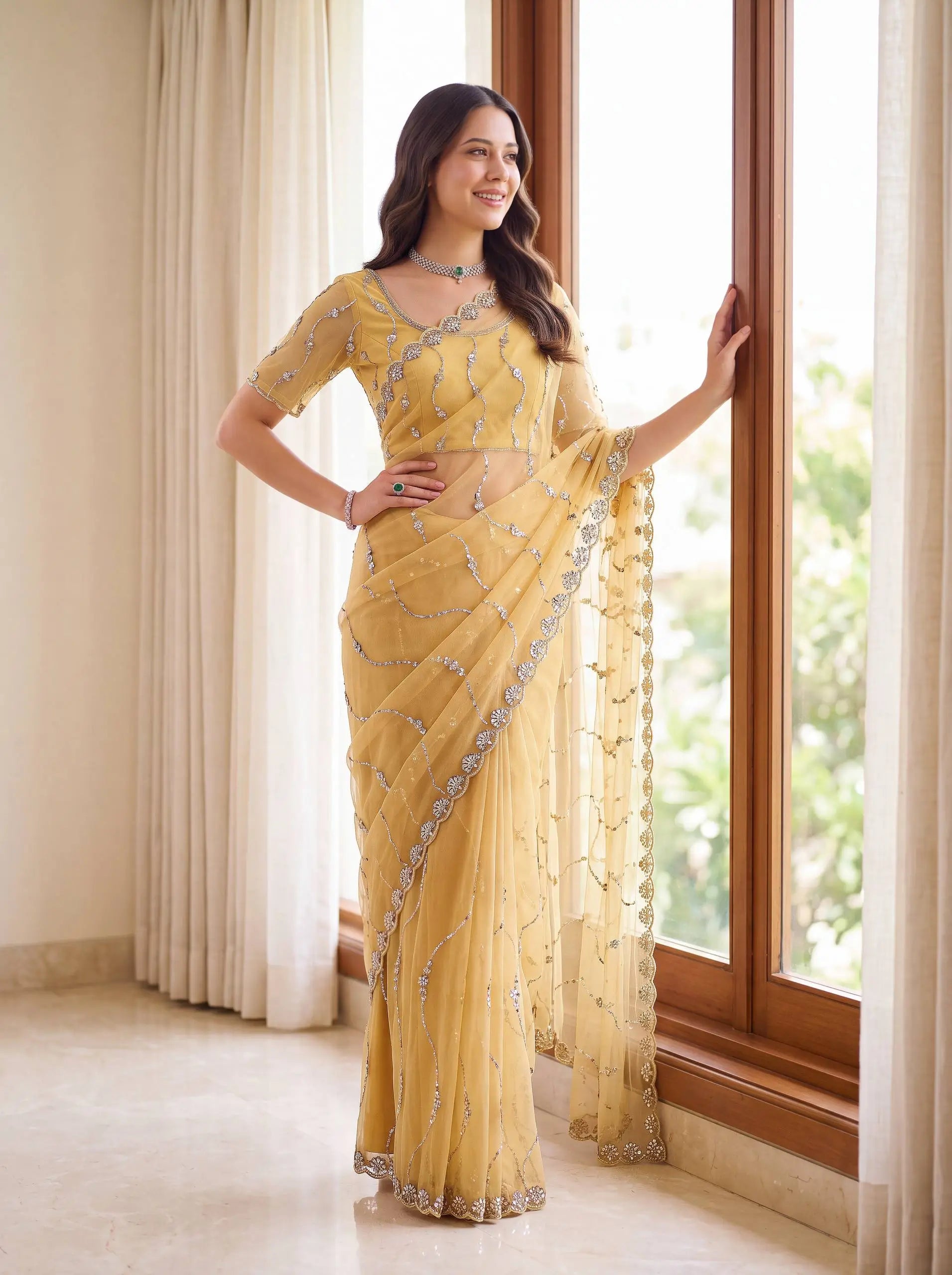 Sequin Vine Embroidered Net Saree