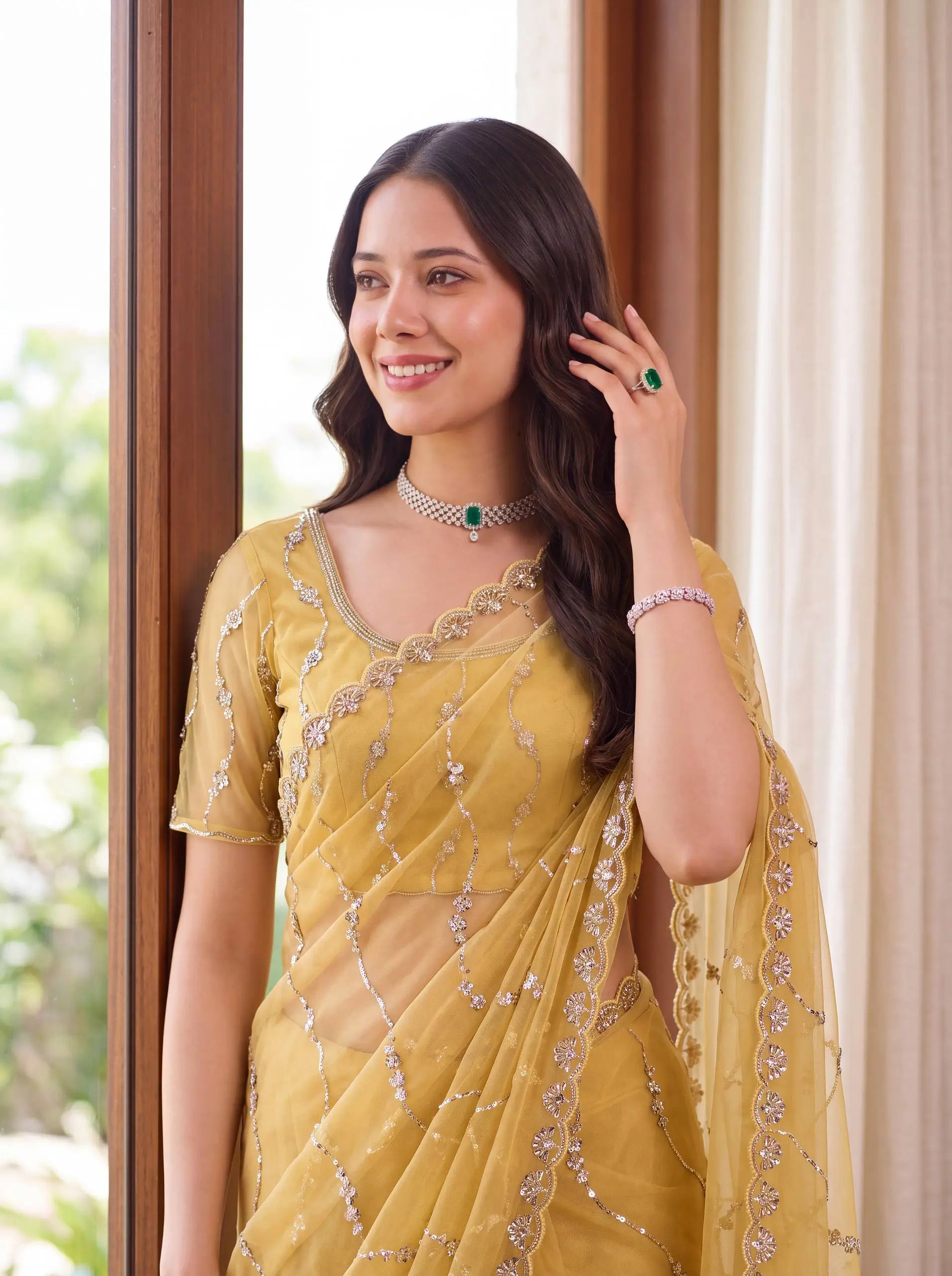 Sequin Vine Embroidered Net Saree