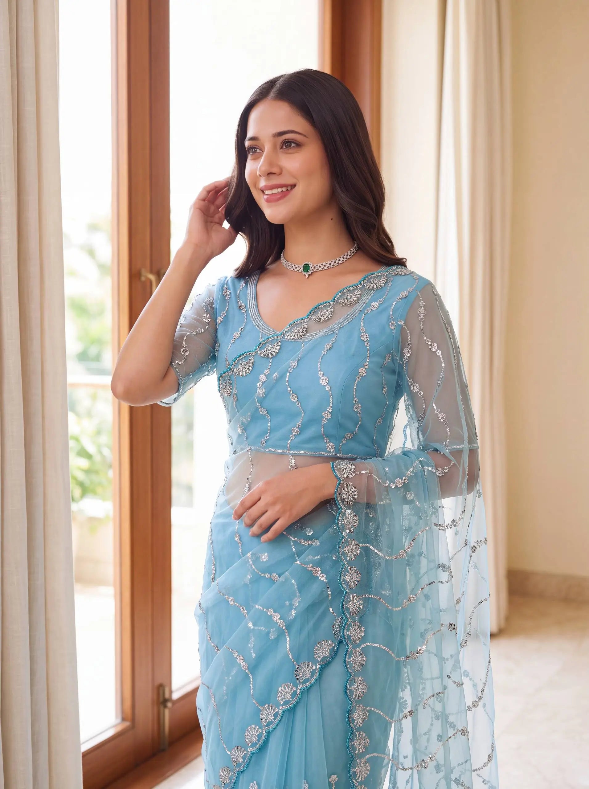 Sequin Vine Embroidered Net Saree