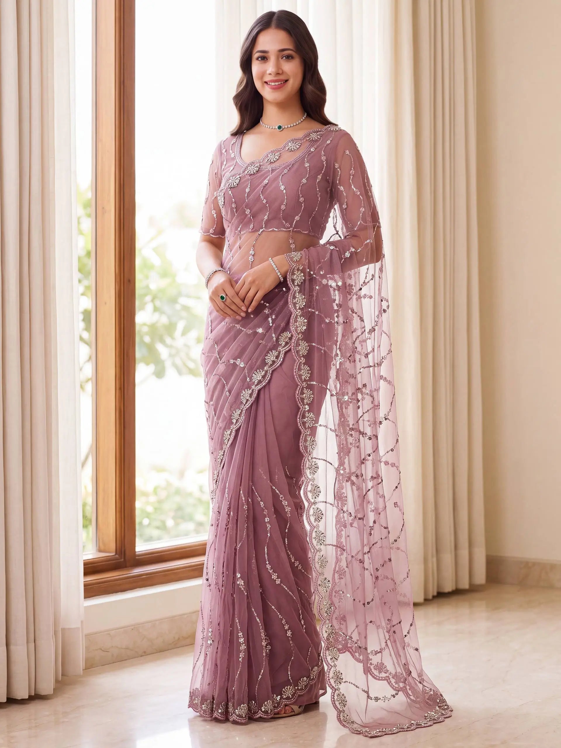 Sequin Vine Embroidered Net Saree
