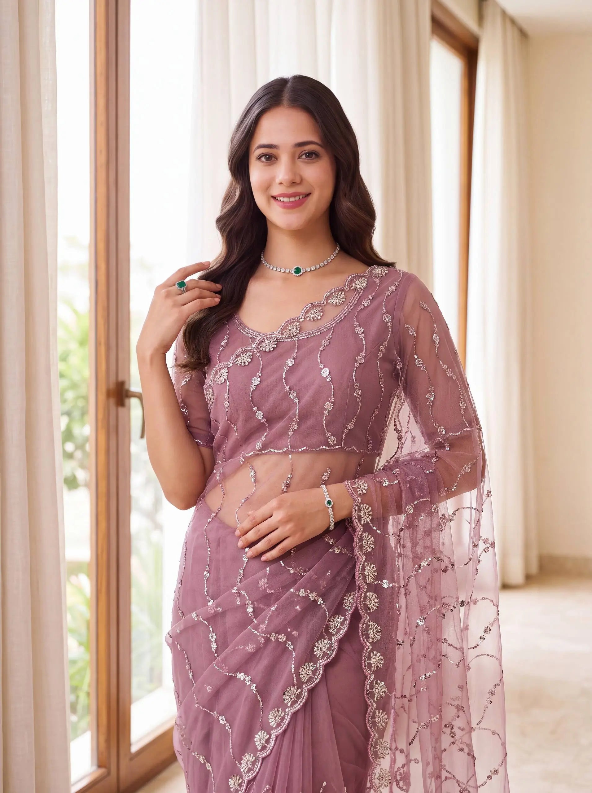 Sequin Vine Embroidered Net Saree