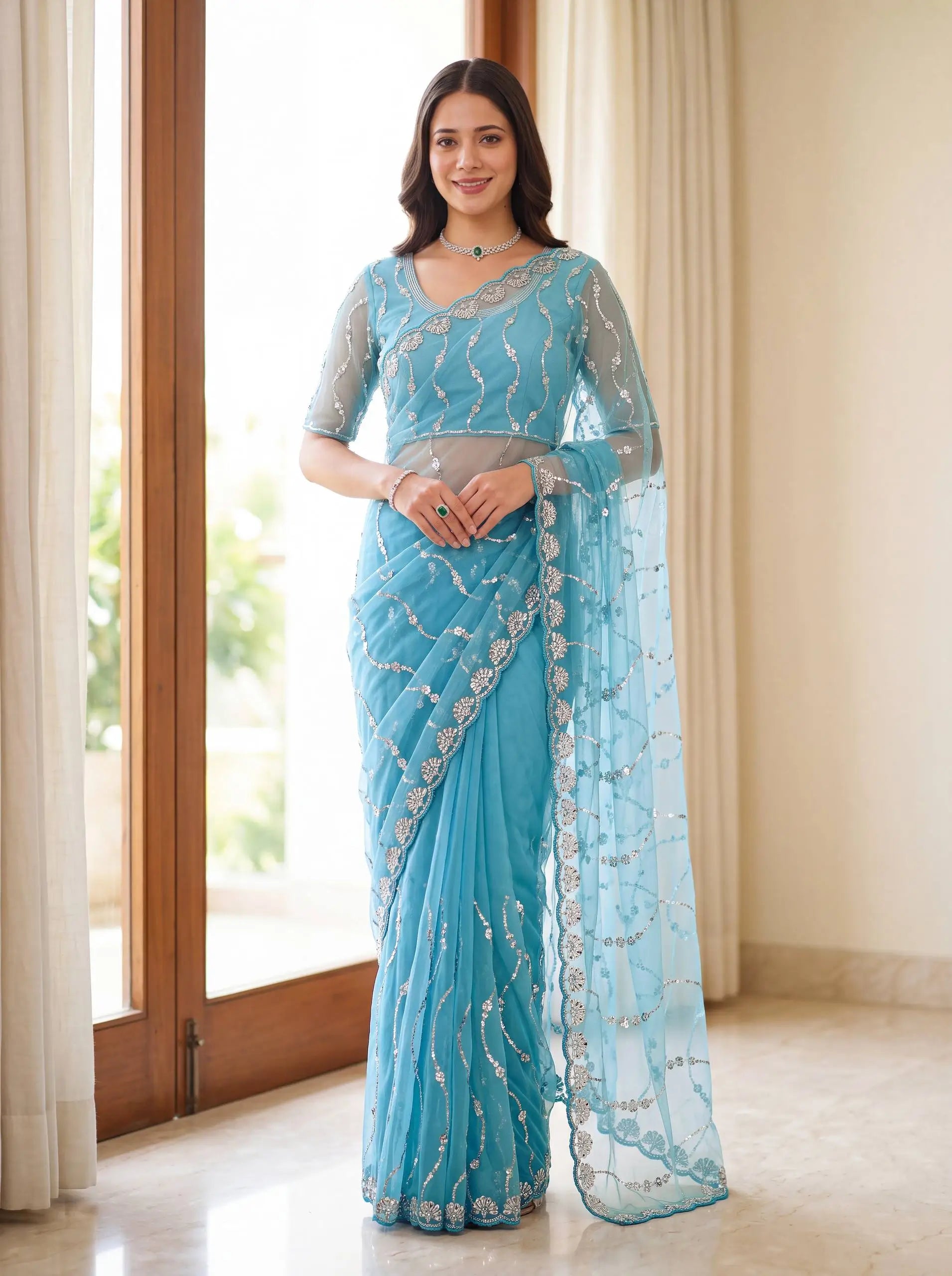 Sequin Vine Embroidered Net Saree