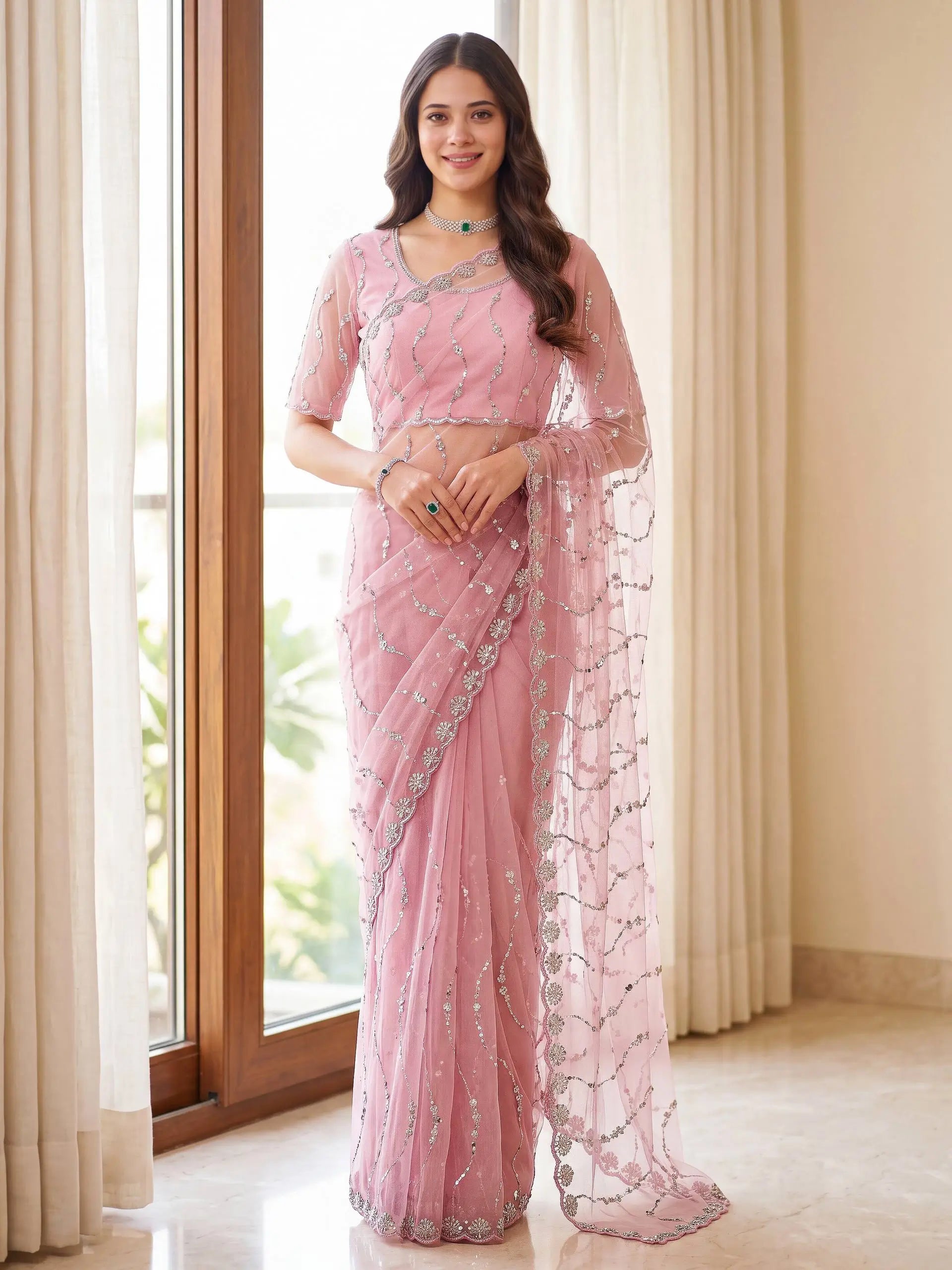 Sequin Vine Embroidered Net Saree
