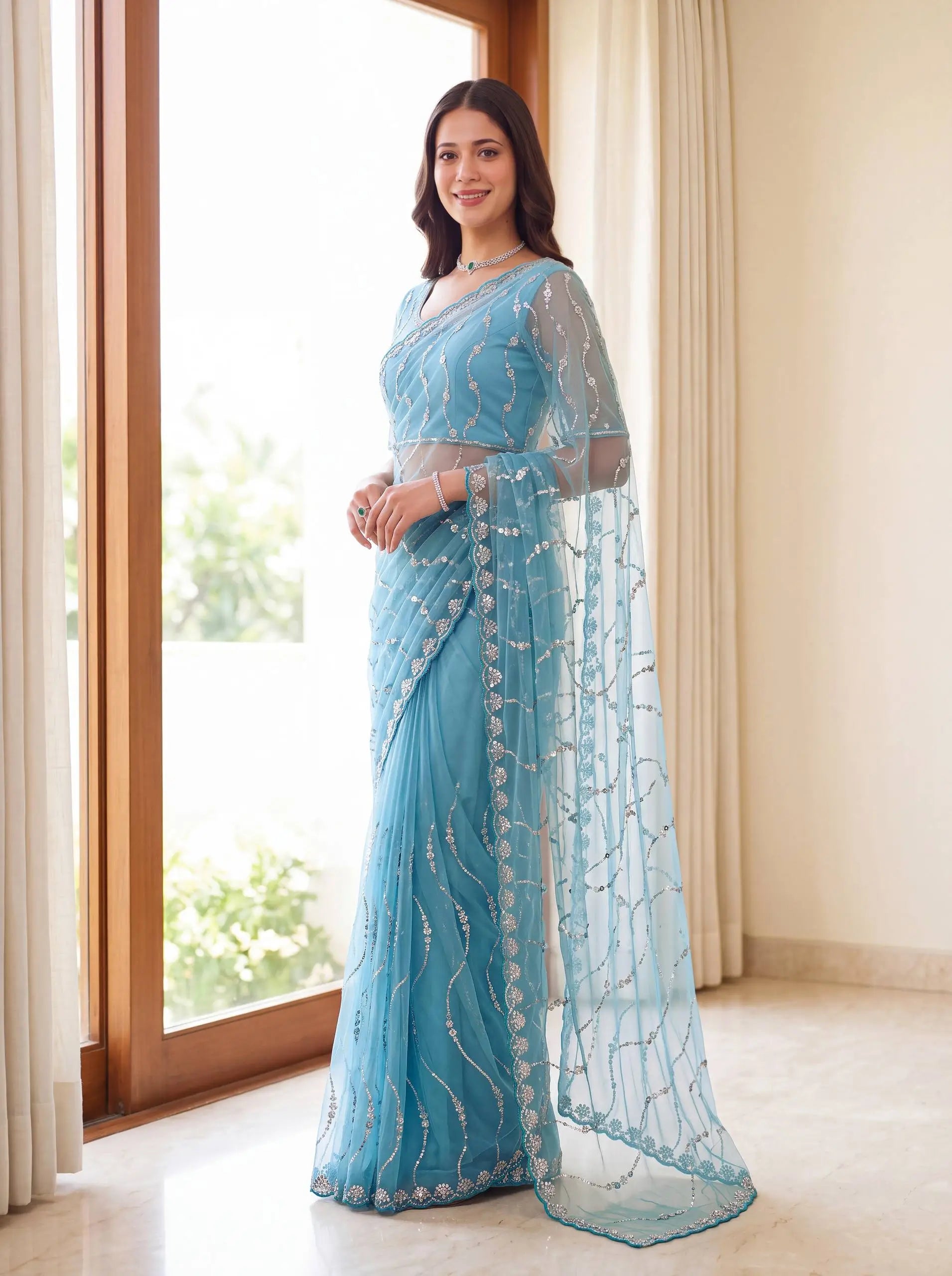 Sequin Vine Embroidered Net Saree