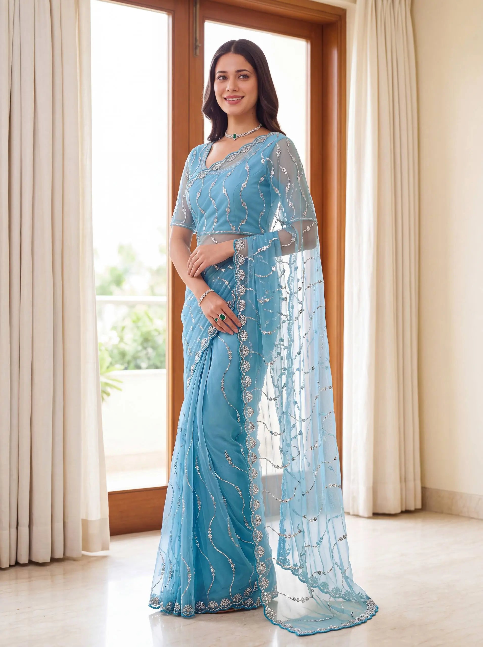 Sequin Vine Embroidered Net Saree