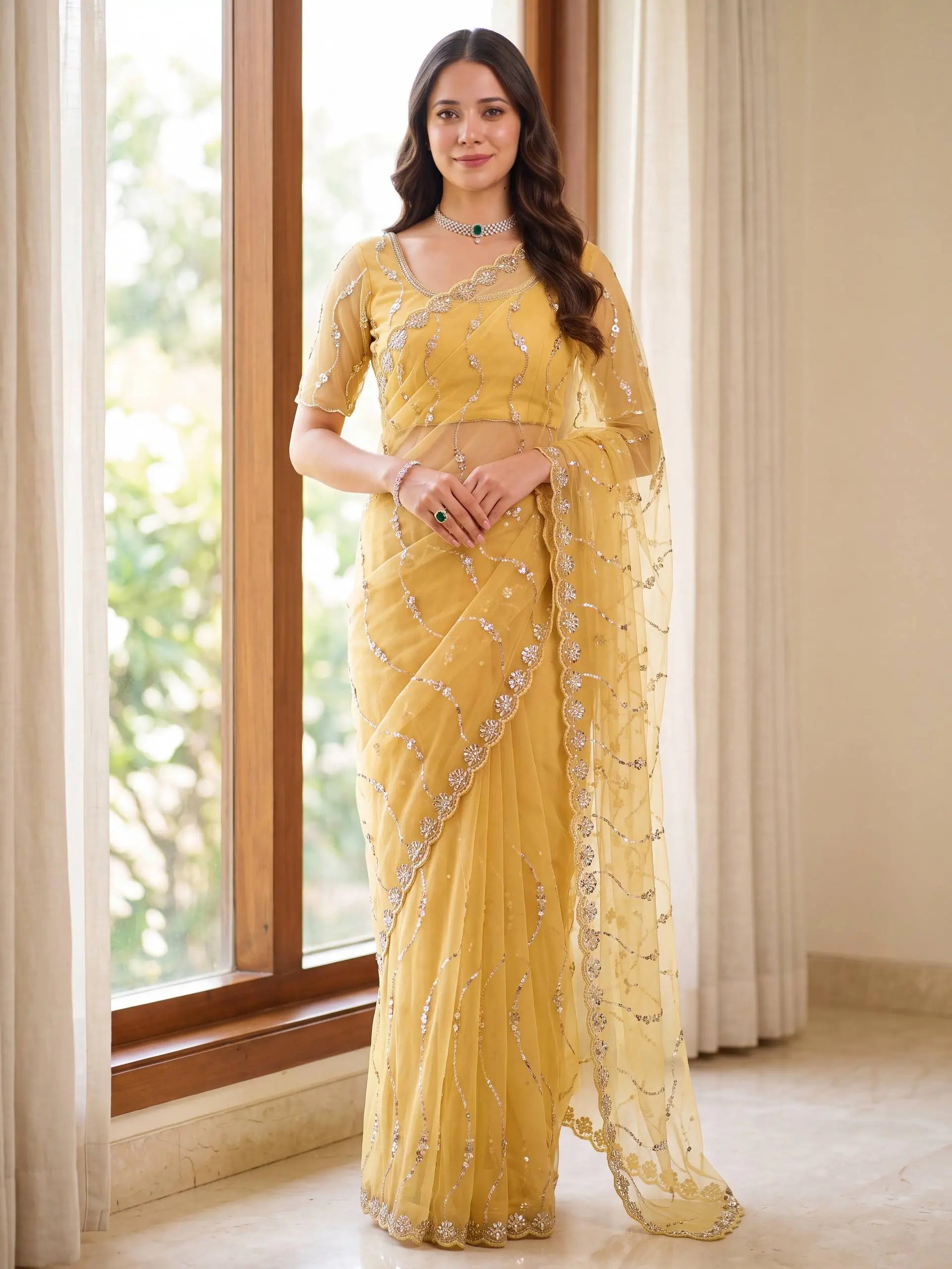 Sequin Vine Embroidered Net Saree