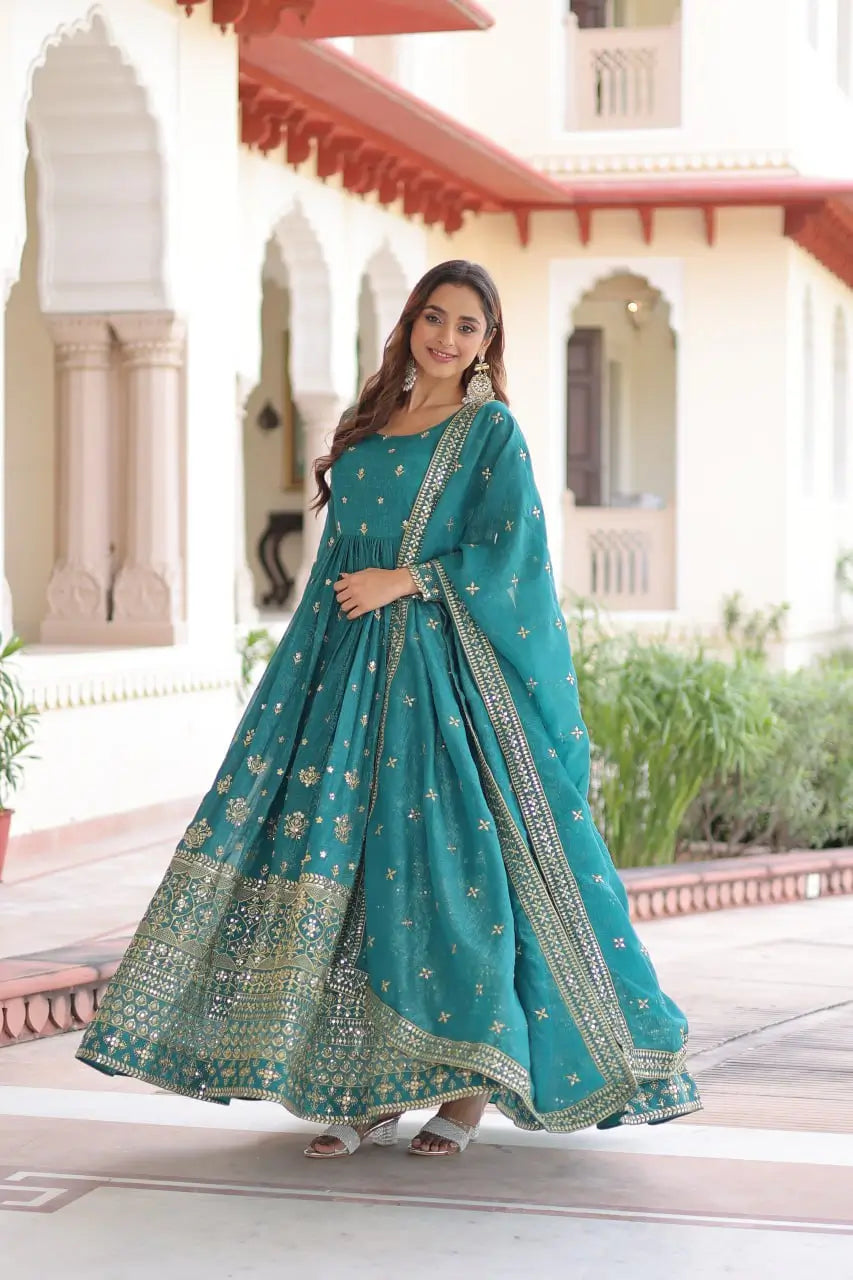 Sequins Embroidered Anarkali Gown With Dupatta