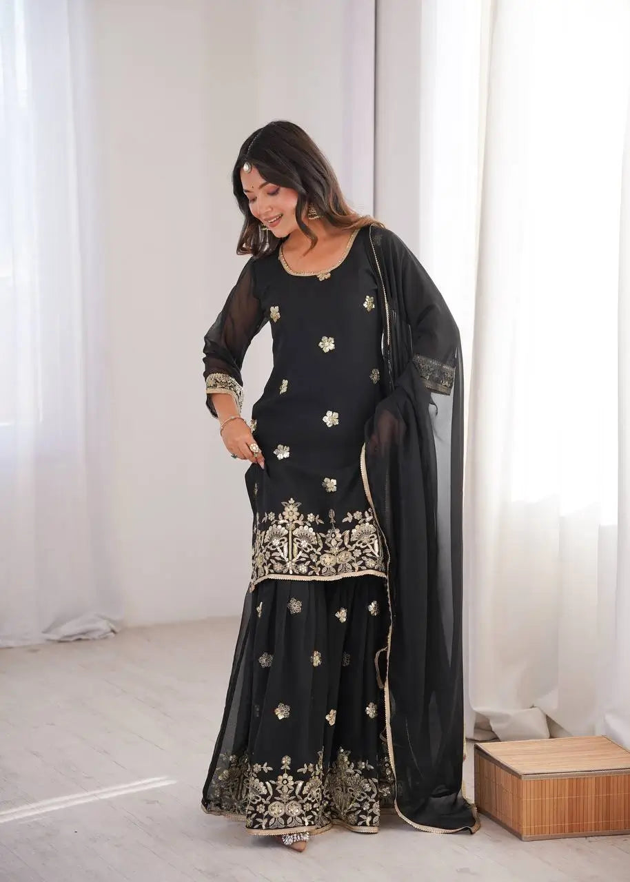 Sequins Embroidered Georgette Sharara Set with Dupatta