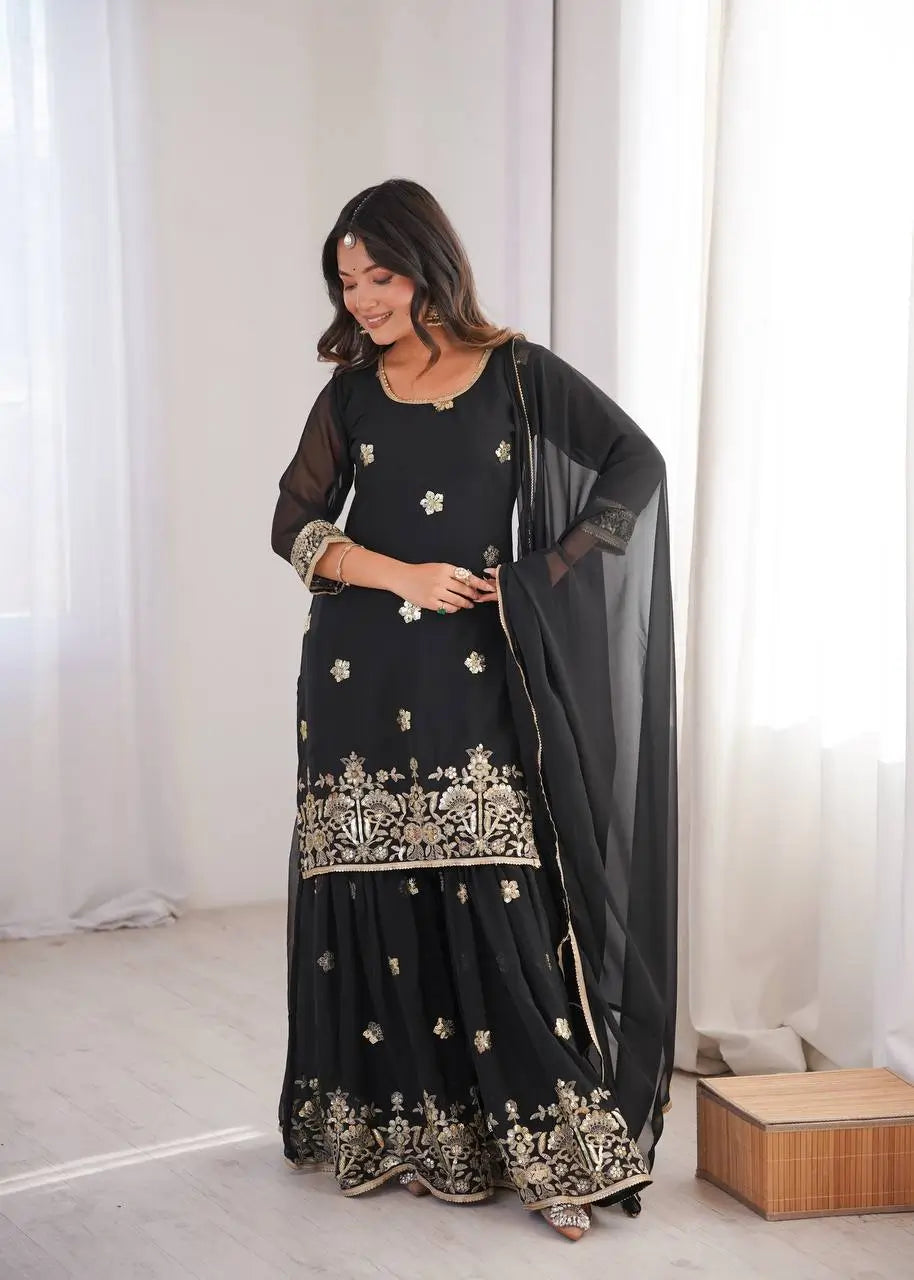 Sequins Embroidered Georgette Sharara Set with Dupatta