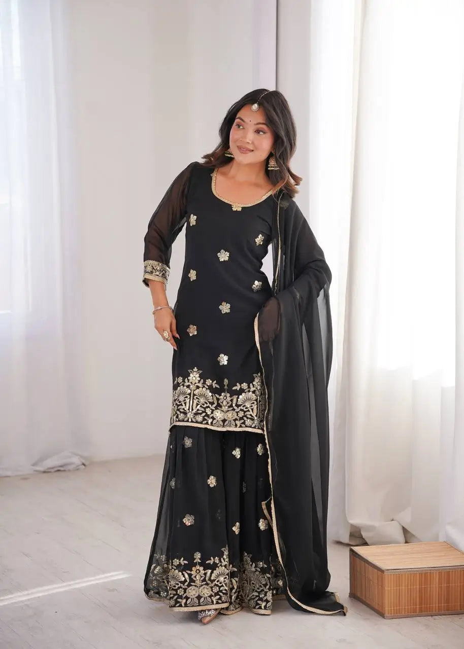 Sequins Embroidered Georgette Sharara Set with Dupatta