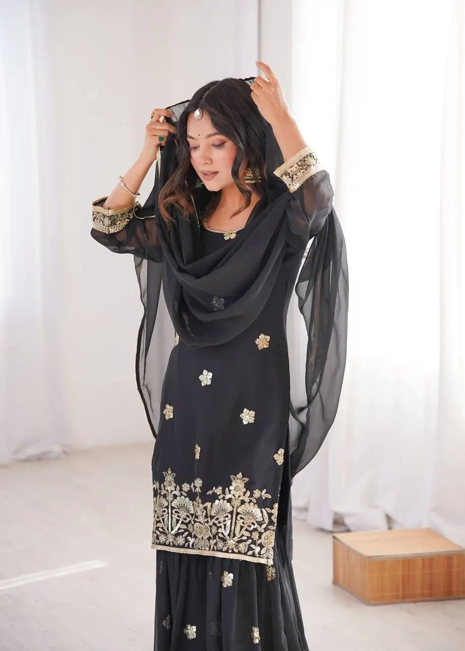 Sequins Embroidered Georgette Sharara Set with Dupatta