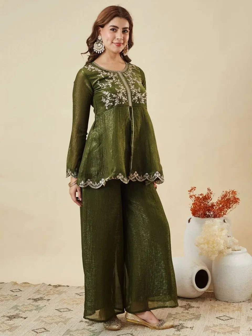 Shimmer Peplum Palazzo Suit