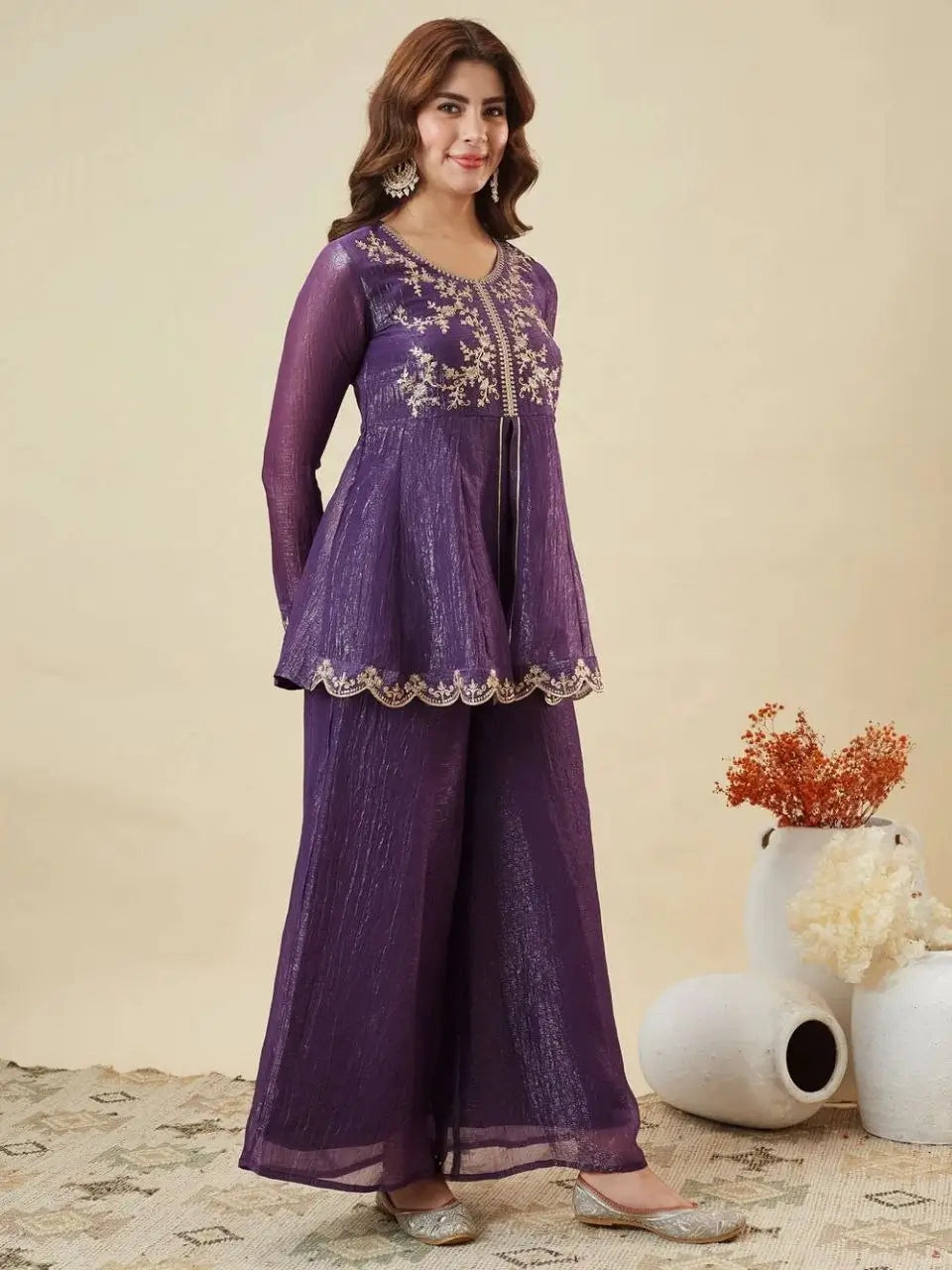Shimmer Peplum Palazzo Suit