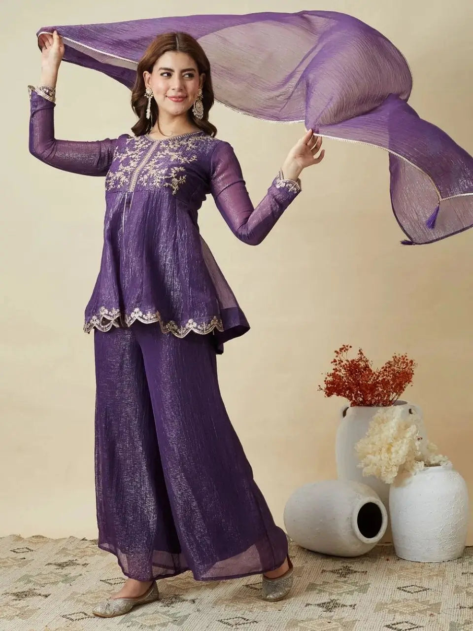 Shimmer Peplum Palazzo Suit