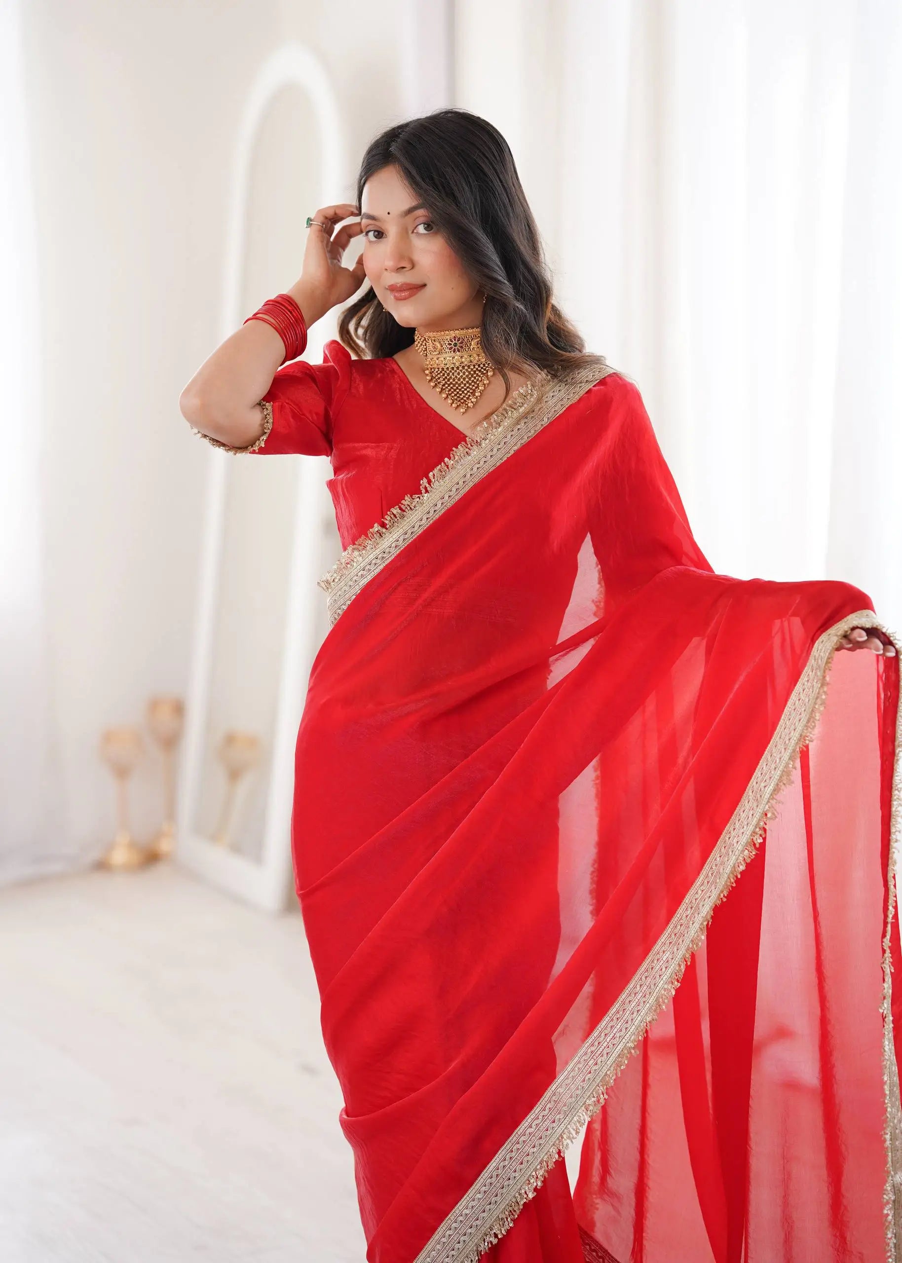 Shimmer Satin Silk Saree with Sequin Border